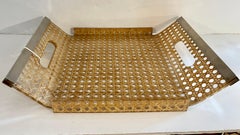 Italian Lucite & Vienna Straw Serving Tray Chrome Handles, 1960-1970