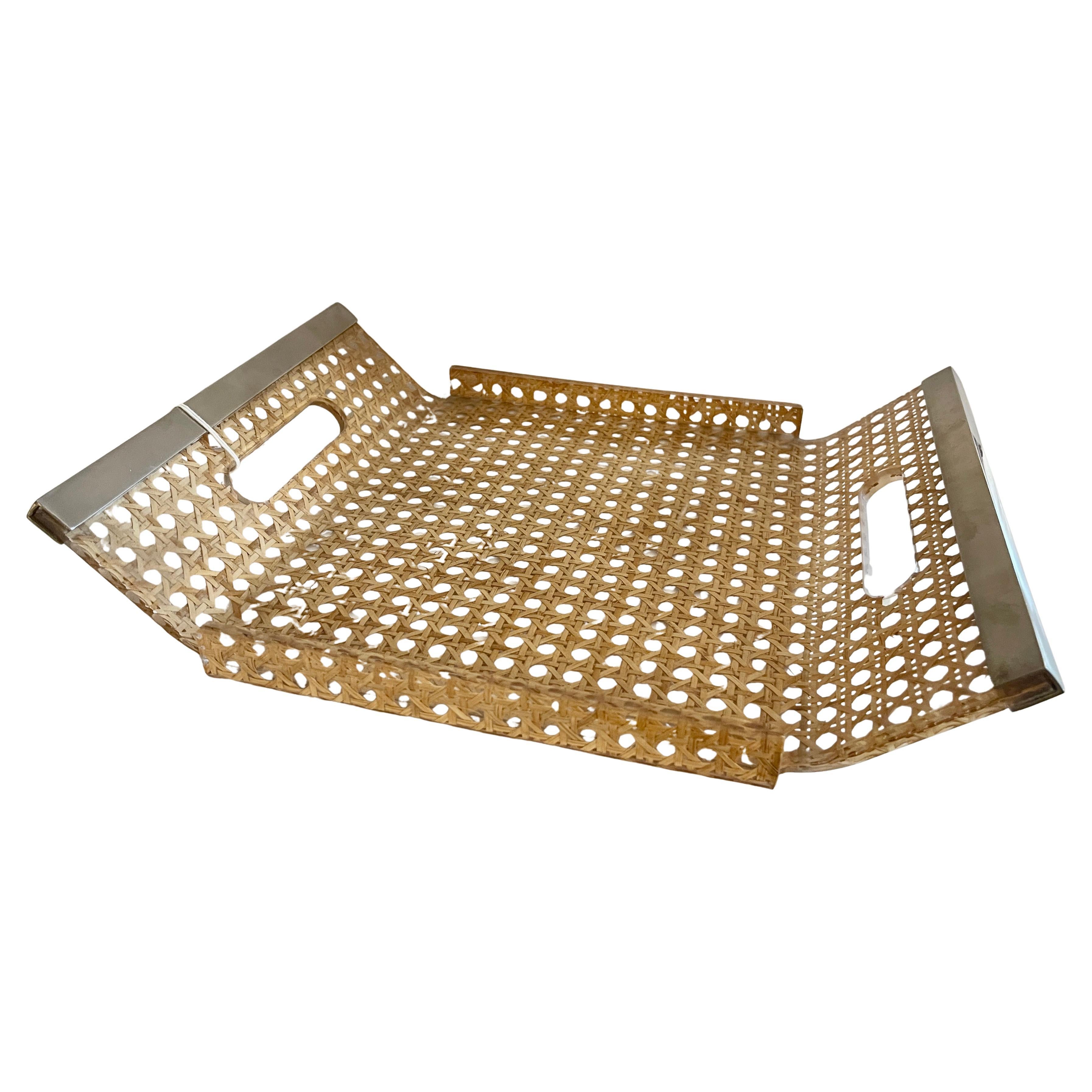 Italian Lucite & Vienna Straw Serving Tray Chrome Handles, 1960-1970