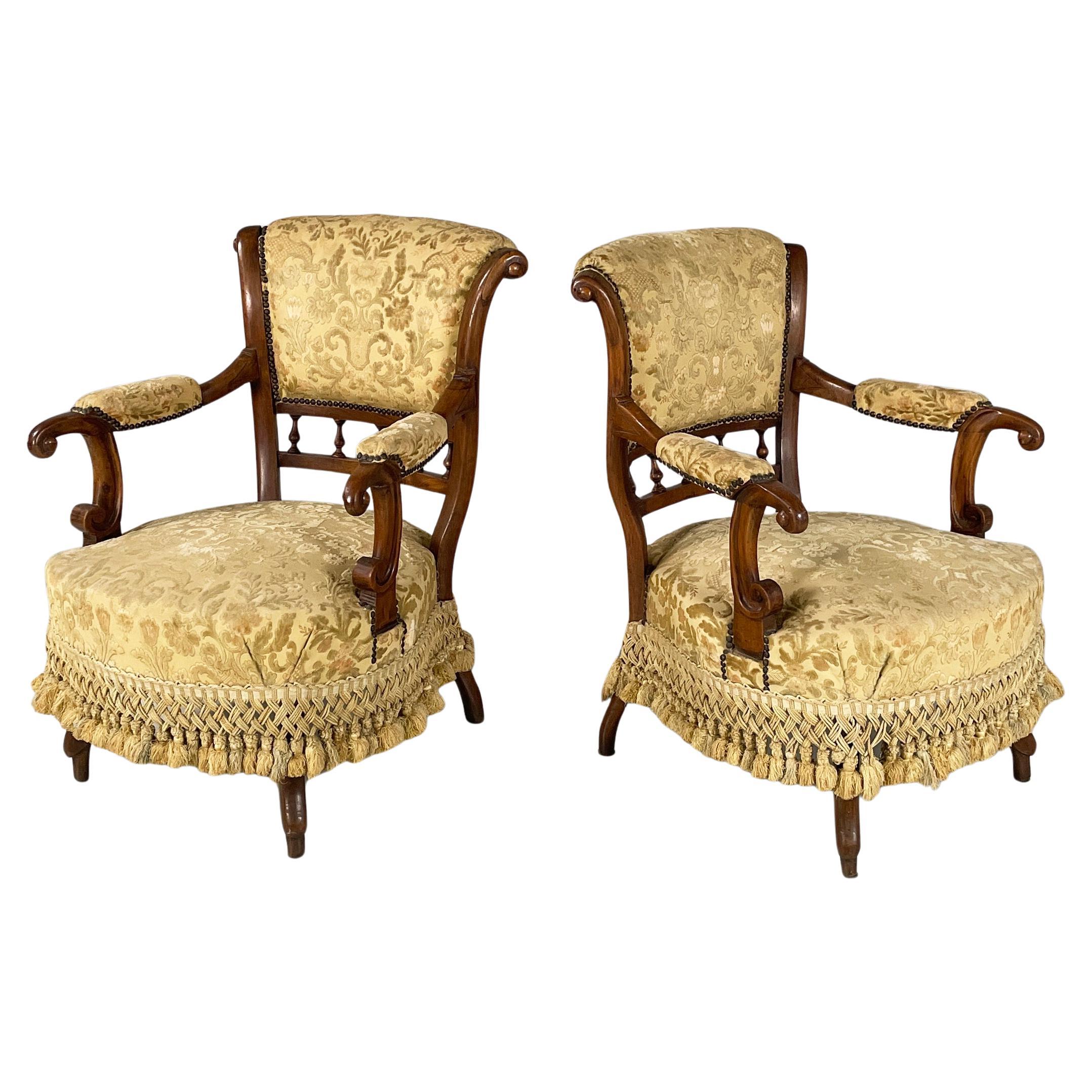 Italian Luigi XVI Armchairs in wood and yellow fabric, end of 1800s For Sale