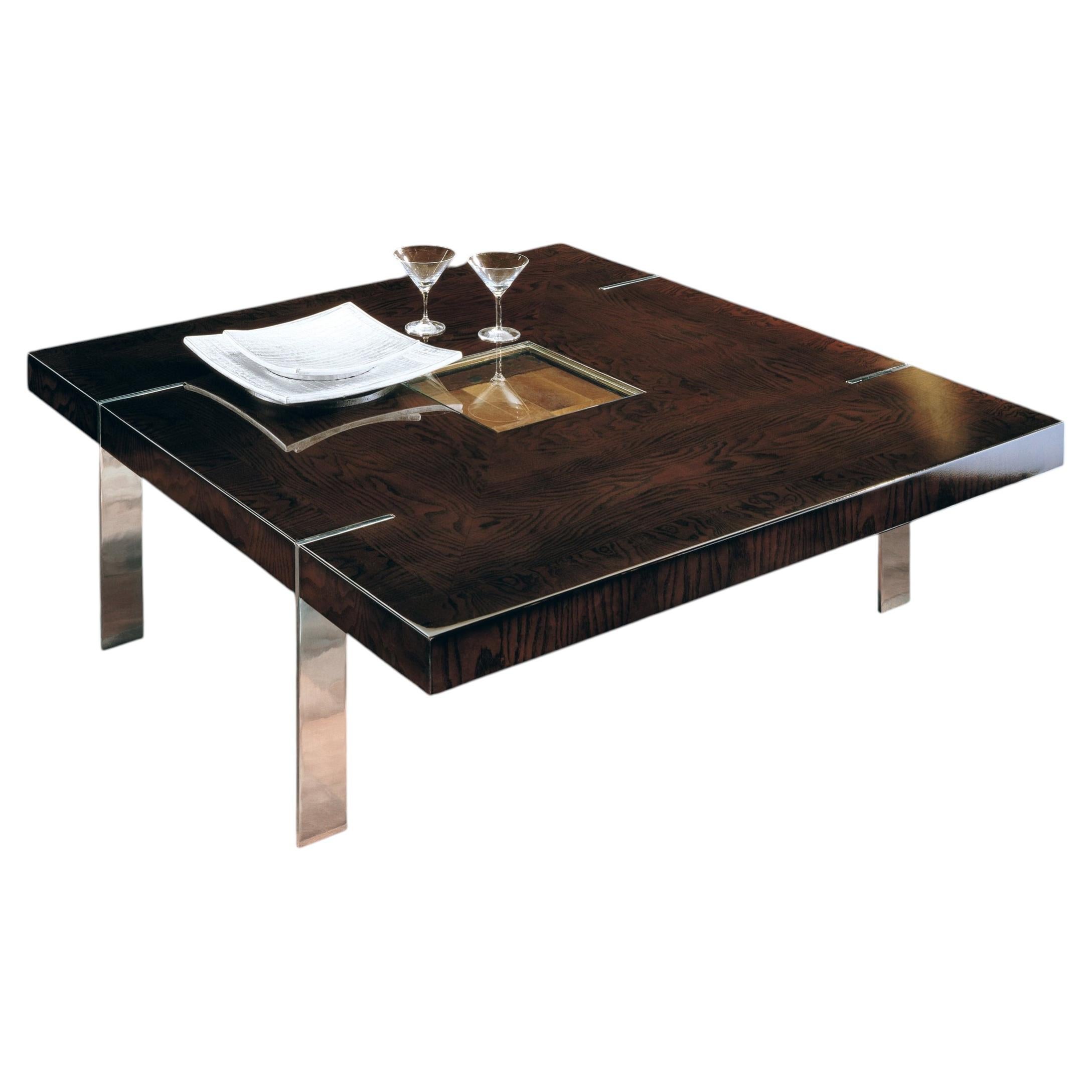 Italian Luxury Square Coffee Cocktail End Table in High Gloss Ash Burl & Chrome For Sale