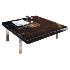 Table basse de luxe italienne carrée en loupe de frêne brillante et chrome
