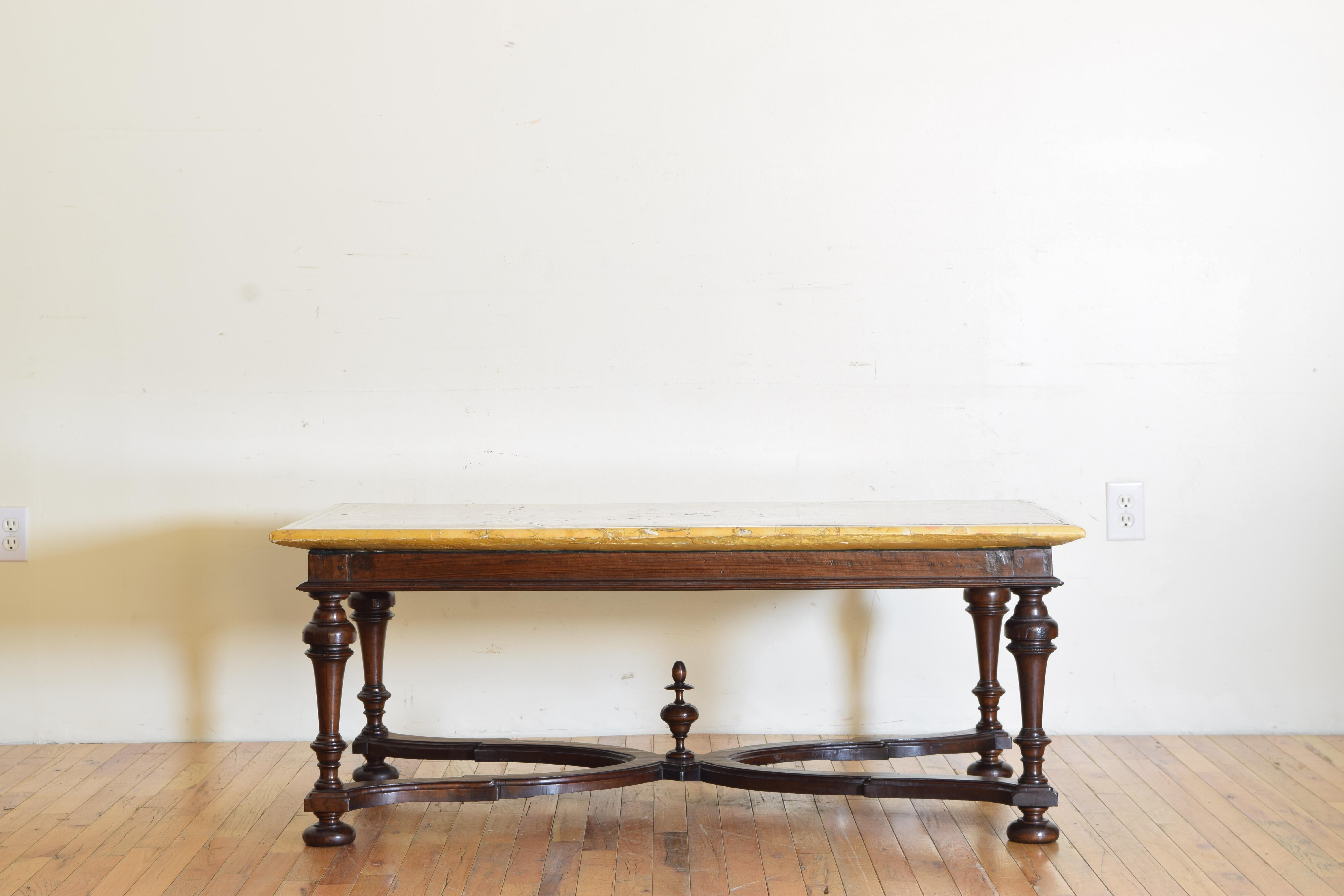 Louis XIII Italian LXIII Period Walnut Salon Table with Magnificent Marble Top