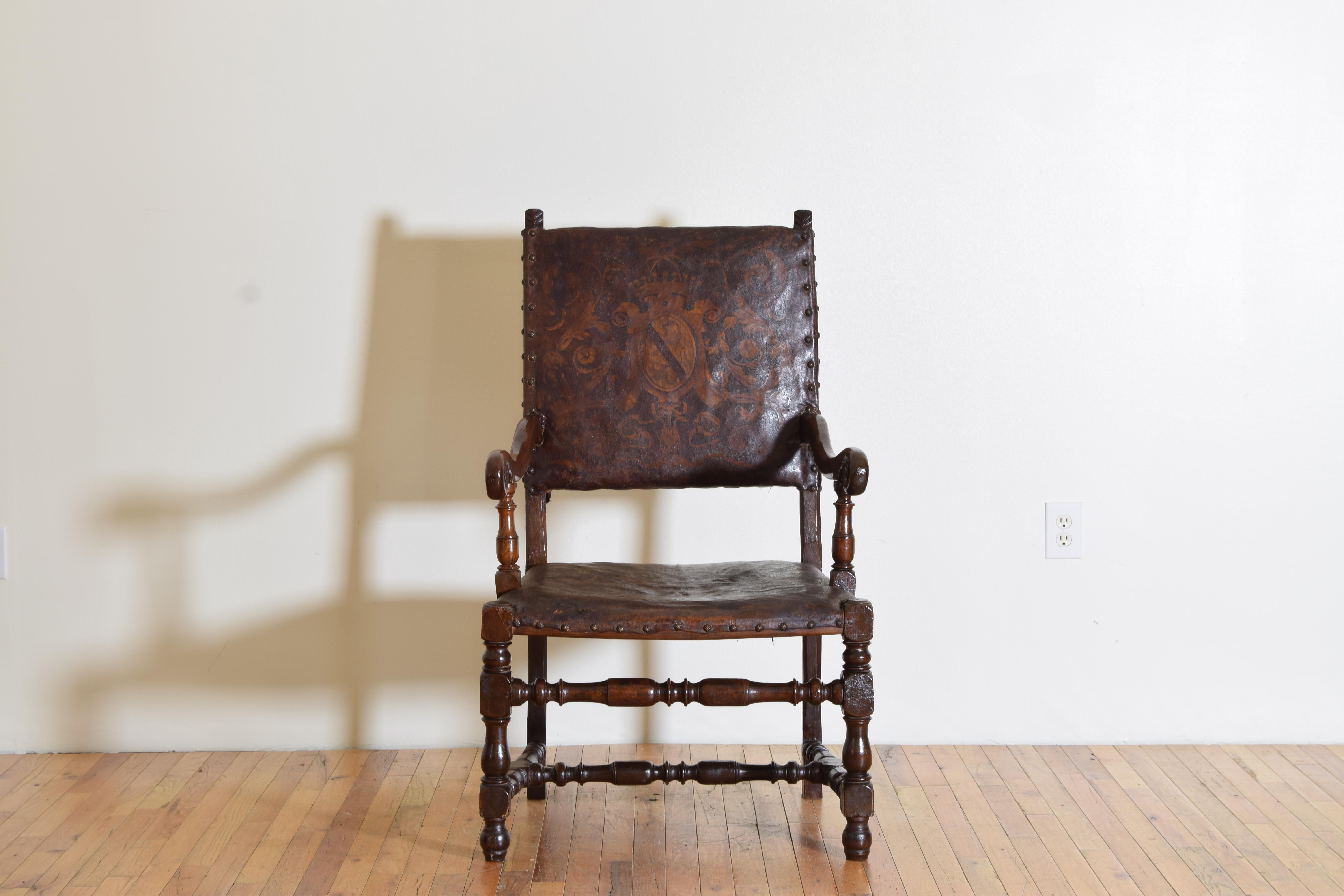 Louis XIV Italian LXIV Period Walnut & Tooled Leather Upholstered Fauteuil, circa 1700