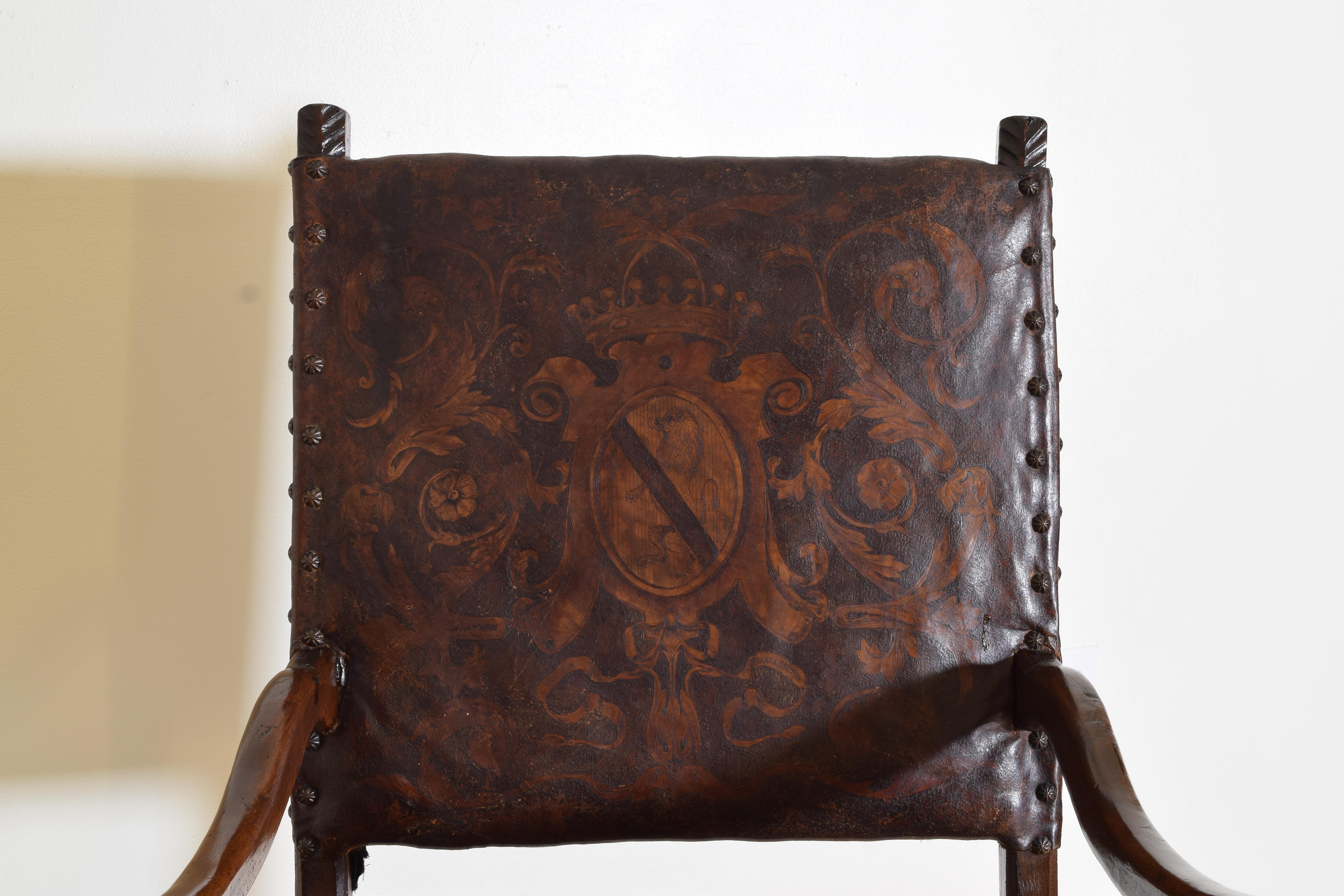 Italian LXIV Period Walnut & Tooled Leather Upholstered Fauteuil, circa 1700 1