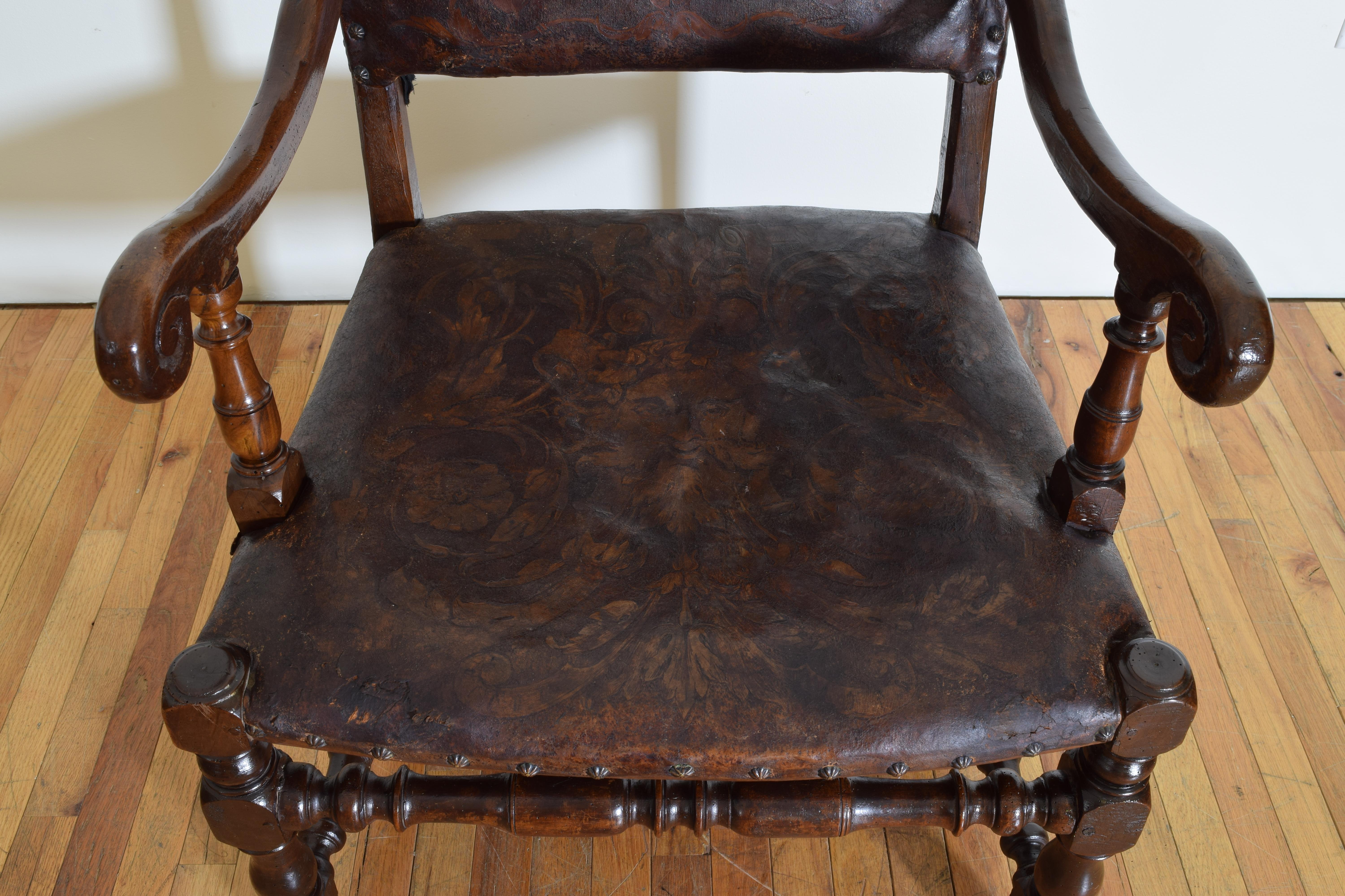 Italian LXIV Period Walnut & Tooled Leather Upholstered Fauteuil, circa 1700 3