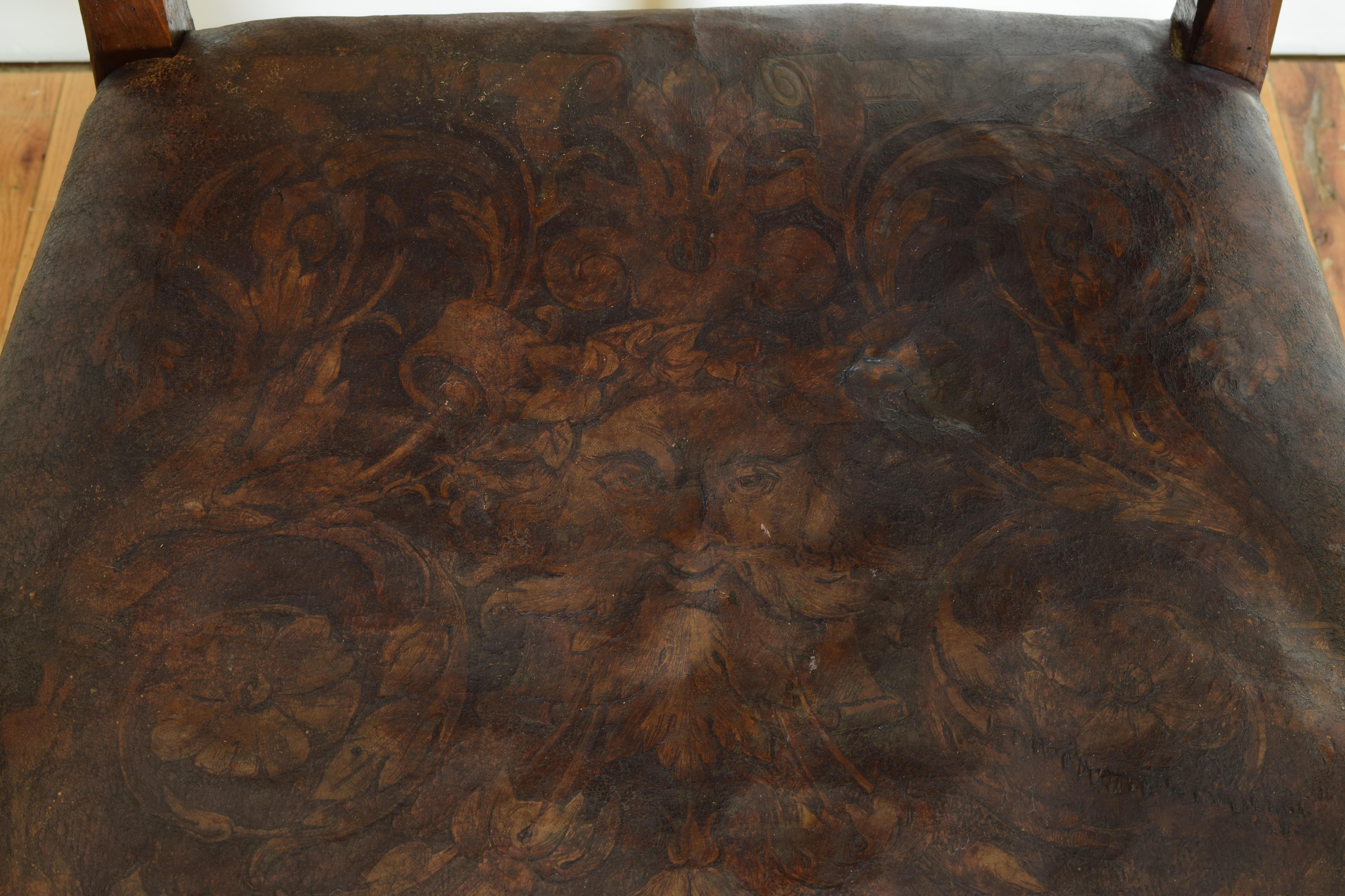 Italian LXIV Period Walnut & Tooled Leather Upholstered Fauteuil, circa 1700 4