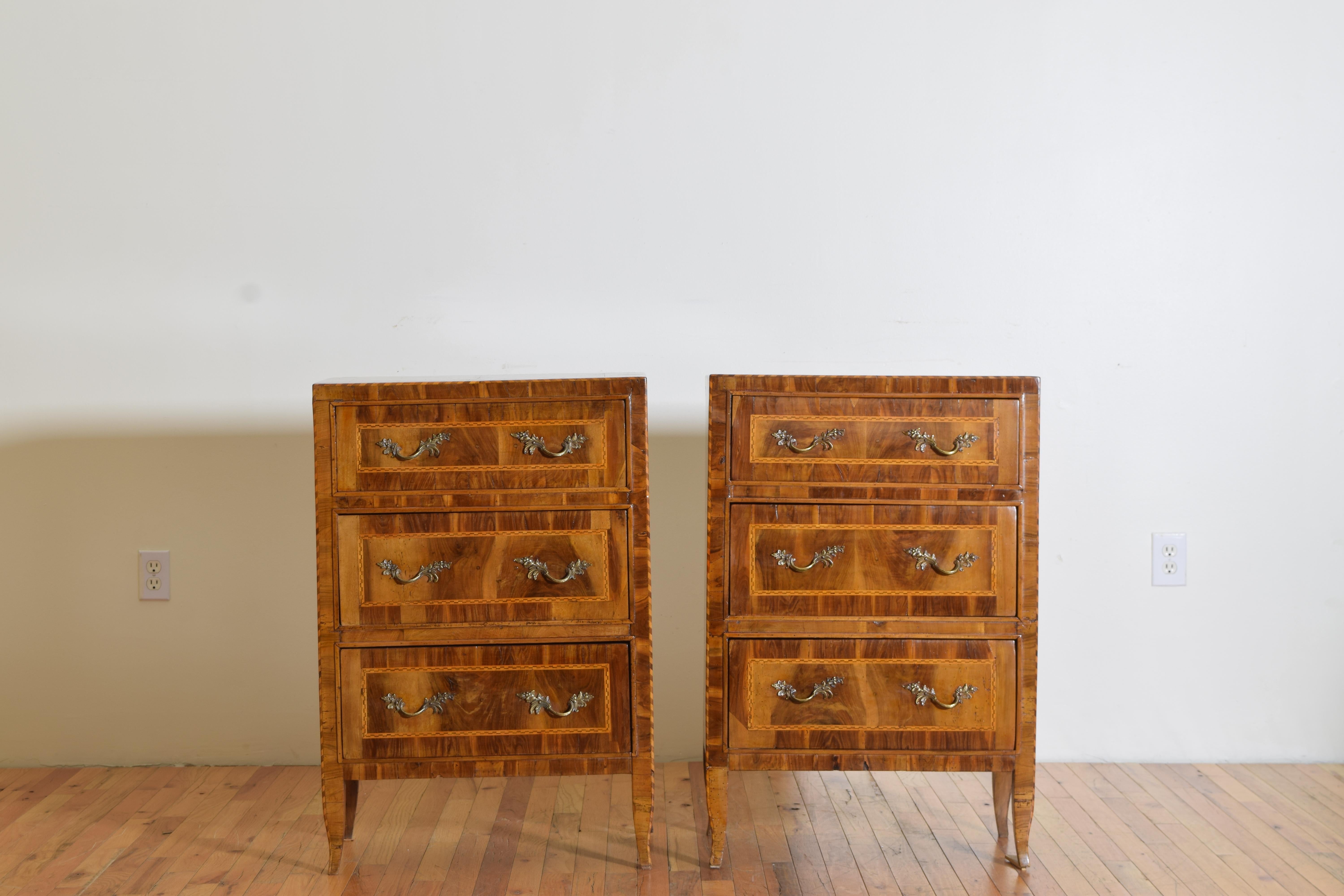 Louis XVI Italian LXVI Walnut Inlaid and Veneered 3 Drawer Bedside Commodes, Late 18th C.