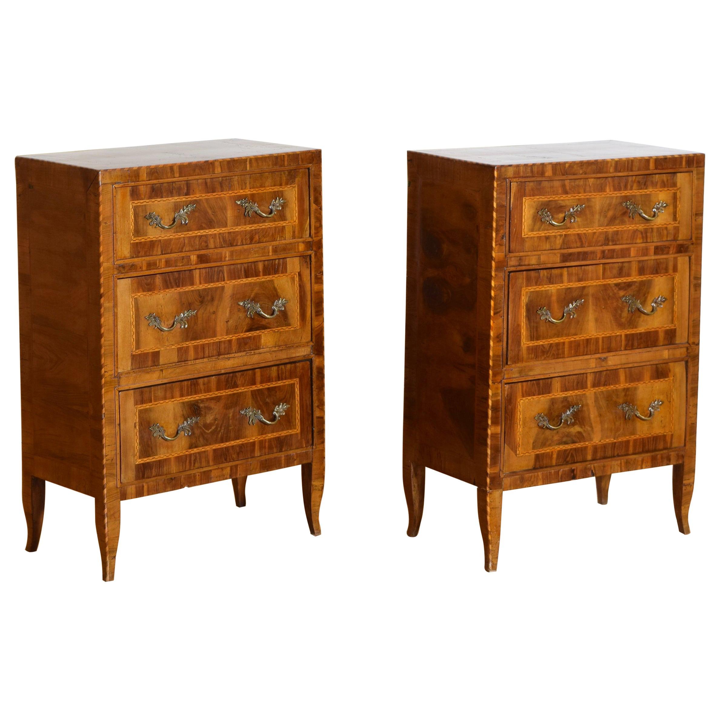 Italian LXVI Walnut Inlaid and Veneered 3 Drawer Bedside Commodes, Late 18th C.