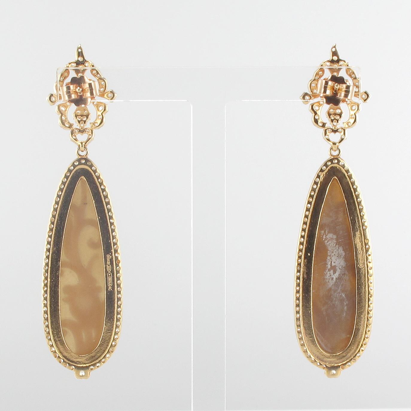 Baroque Italian Lyre Cameo on Shell Crystal Dangling Earrings