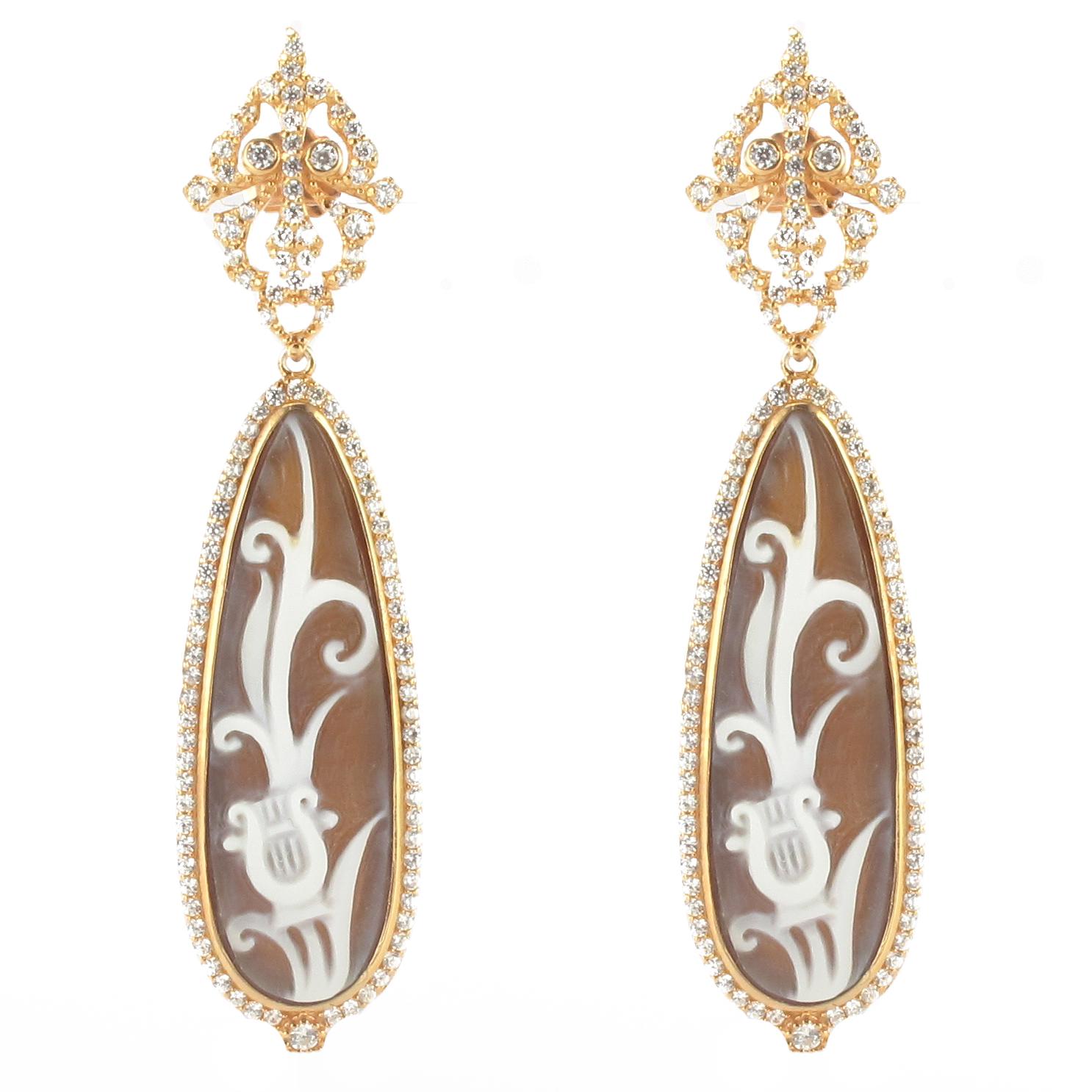 Italian Lyre Cameo on Shell Crystal Dangling Earrings