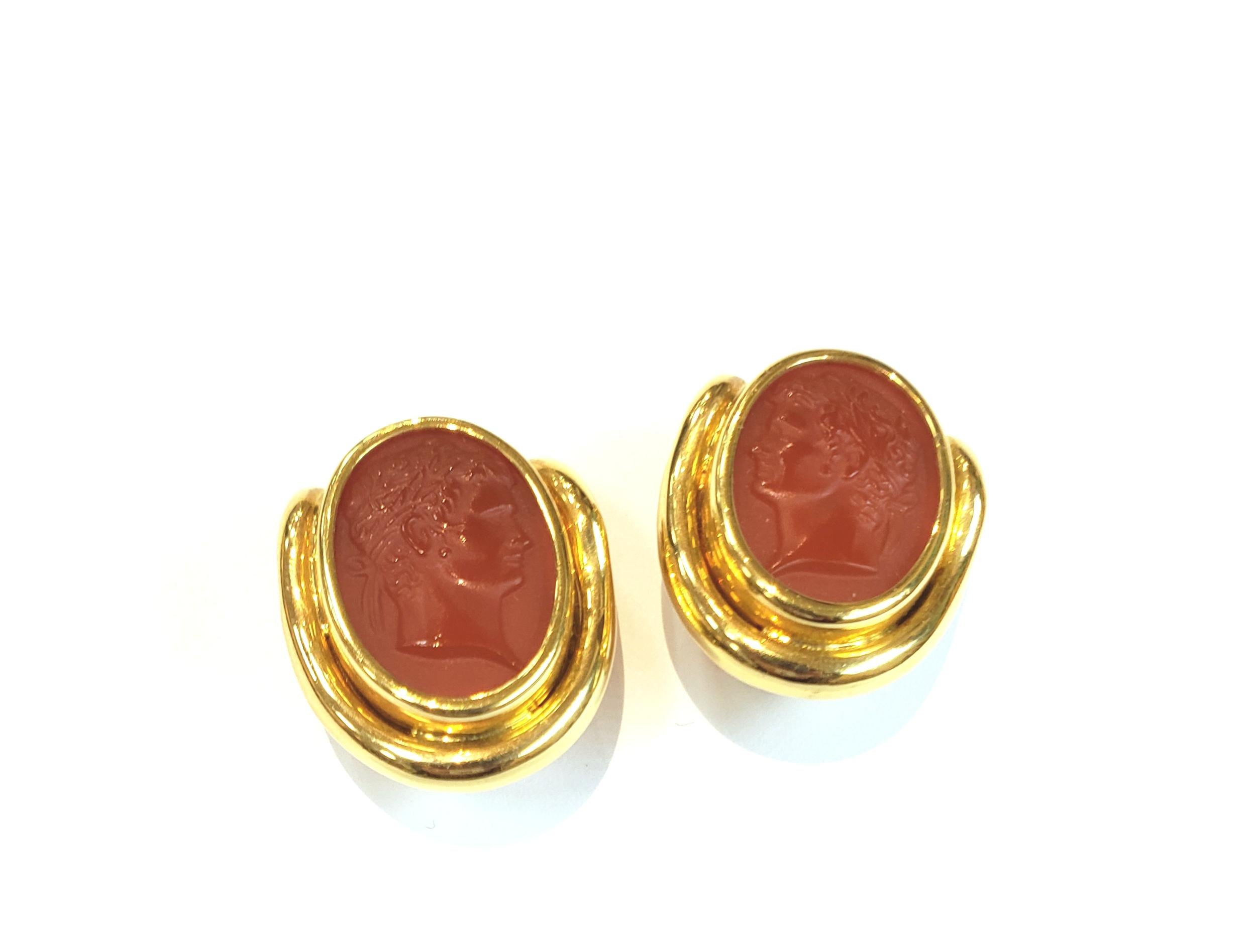 **LOWER PRICE** Italian made 18 karat yellow gold and carnelian intaglio earrings. Earrings have a wide full bezel with a partial second 