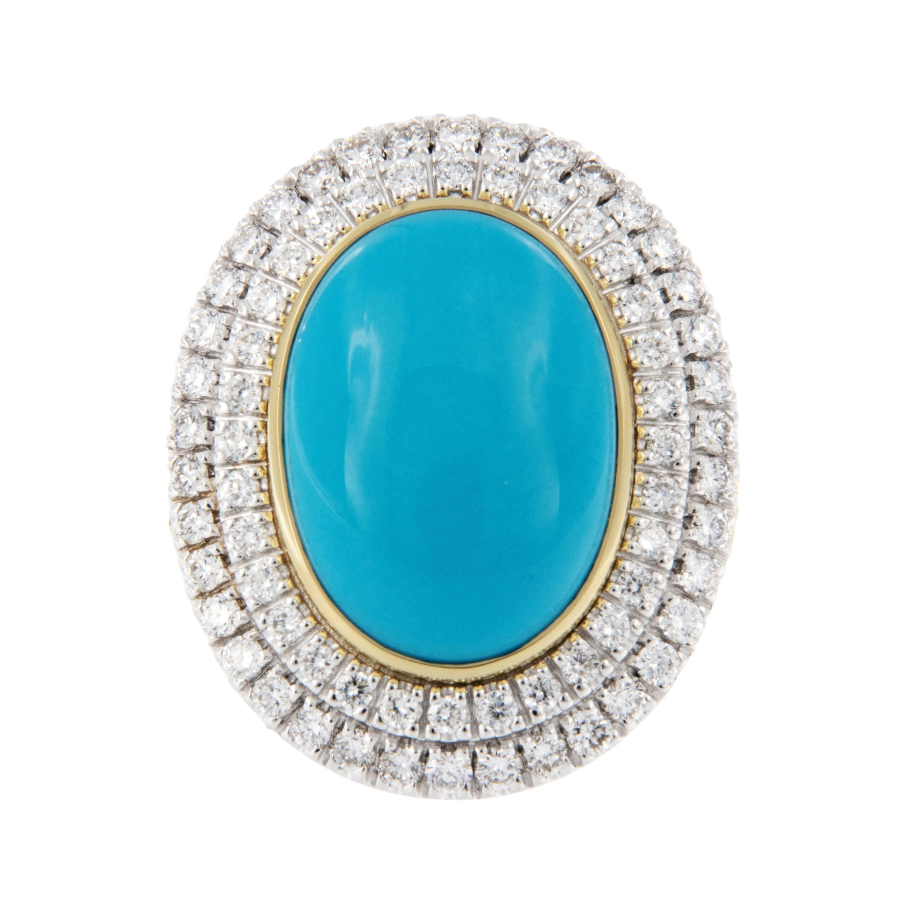 People the world over have revered turquoise as a good luck stone for centuries. Blue as the summer sky or a robin’s egg, this stone has inspired many mystical associations. Made in Italy, this 18 karat yellow gold turquoise ring with oval extra