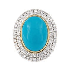 Italian Made 18 Karat Yellow Gold Persian Turquoise and 1.34 Ctt Diamond Ring