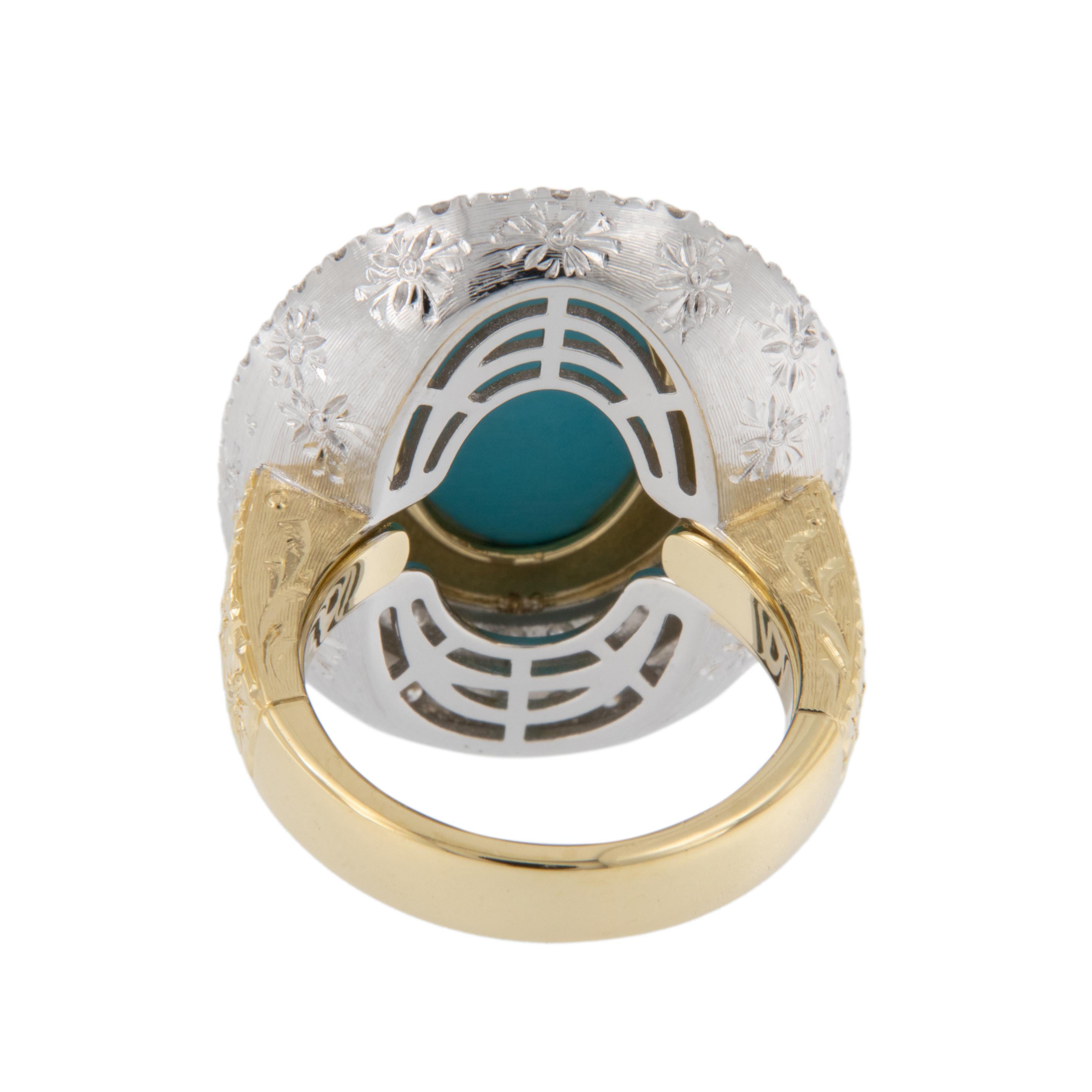 Cabochon Anello in oro giallo 18 carati con turchese persiano e diamante da 1,34 carati di produzione italiana