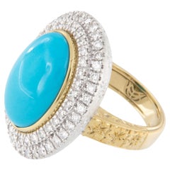 Italian Made 18 Karat Yellow Gold Persian Turquoise and 1.34 Ctt Diamond Ring