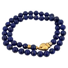 Italian Made 18K Yellow Gold Hidden Heart Clasp Natural Blue Lapis Bead Necklace
