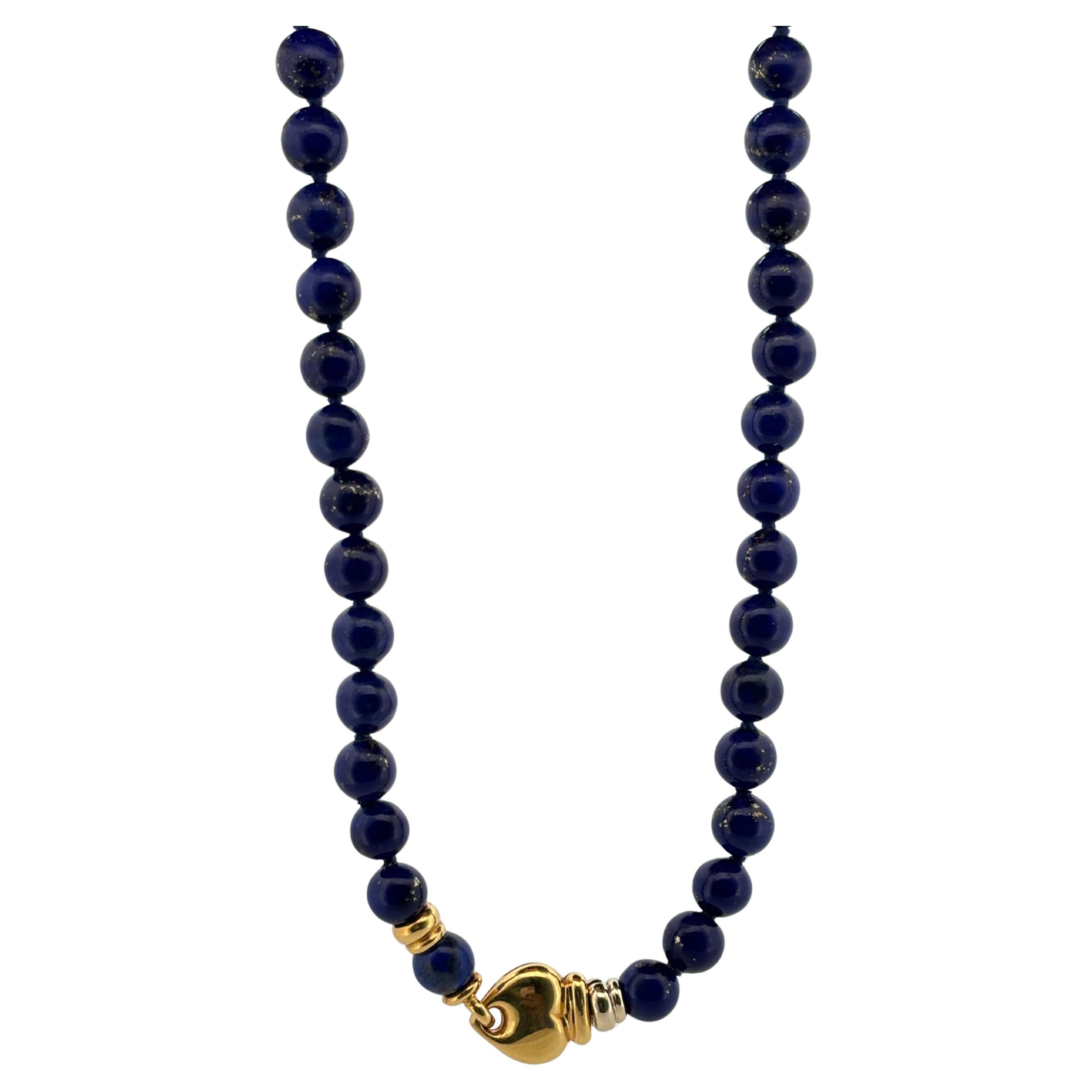 da uomo o donna Collana di perle di lapis blu naturale in oro giallo 18 carati con chiusura a cuore nascosta in vendita