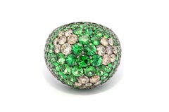 Italian Made 18KT Black Gold Dome Ring Set with Diamonds and Tsavorite