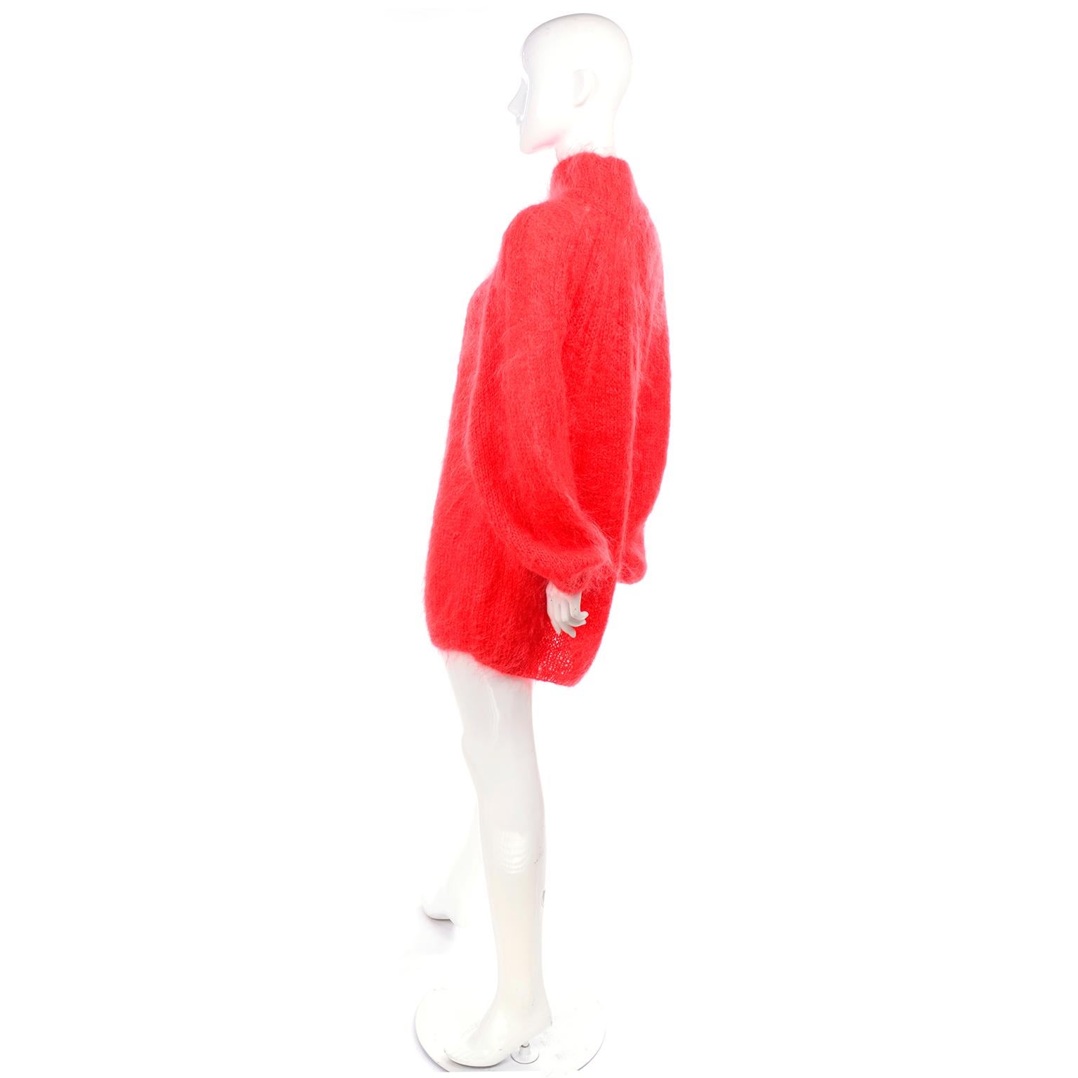 Red Italian Made 1980s Mohair Blend Coral Oversized Sweater or Sweater Dress 