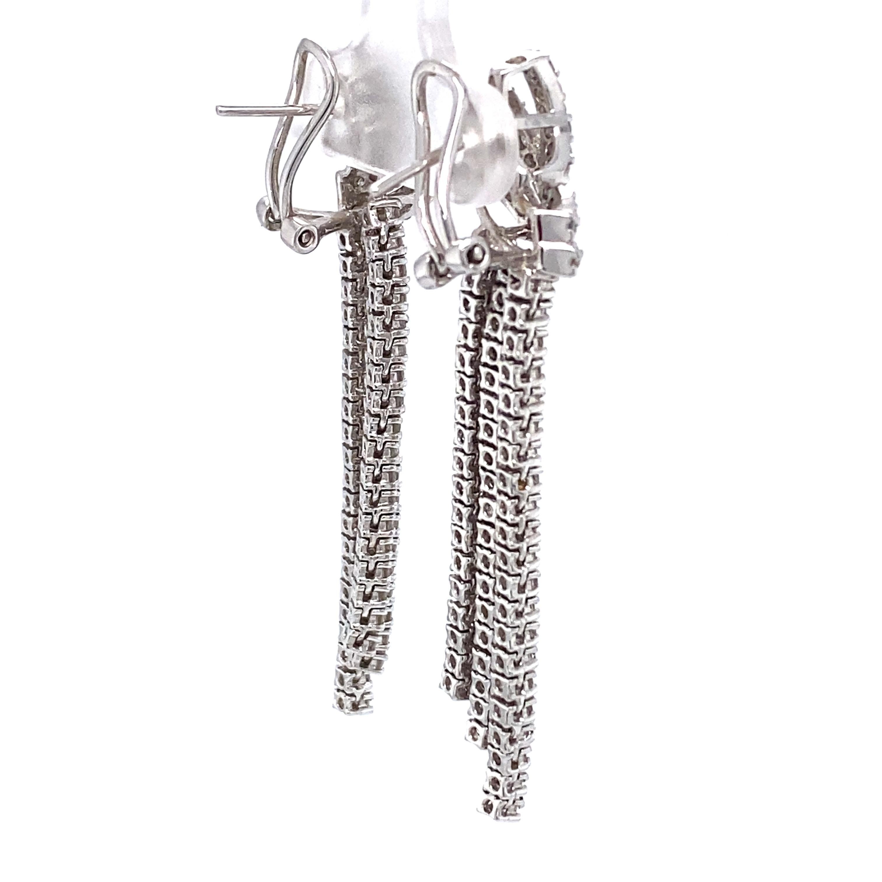 Modern Italian Made 3-Row 3 Carat Total Diamond Dangle Earrings in 18 Karat White Gold For Sale