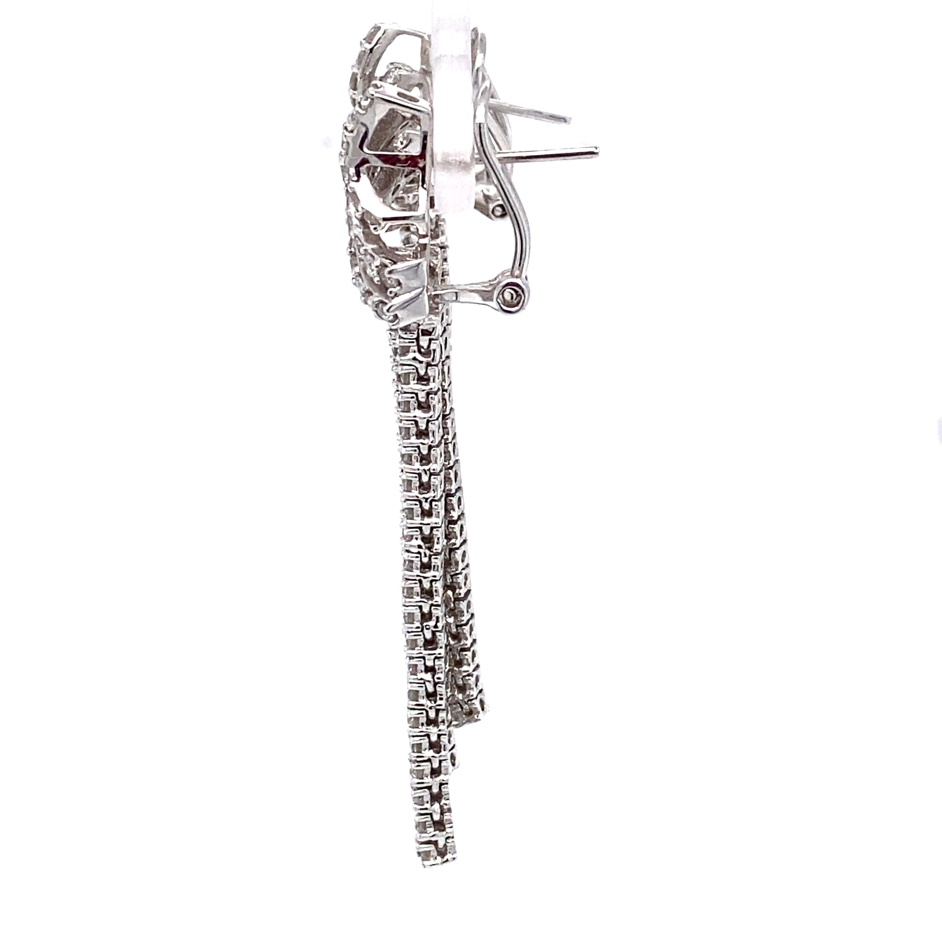 Italian Made 3-Row 3 Carat Total Diamond Dangle Earrings in 18 Karat White Gold In Excellent Condition For Sale In Atlanta, GA