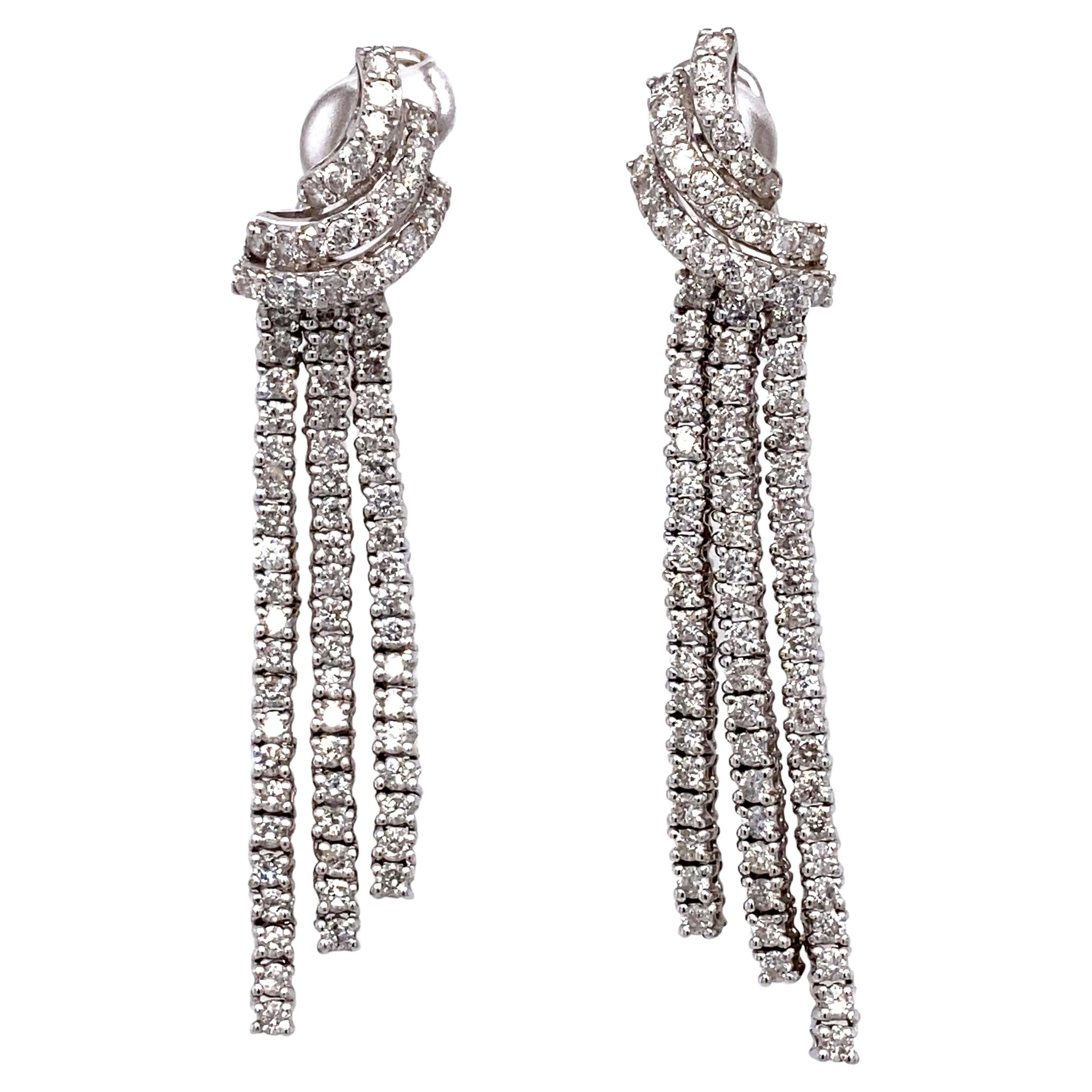Italian Made 3-Row 3 Carat Total Diamond Dangle Earrings in 18 Karat White Gold For Sale