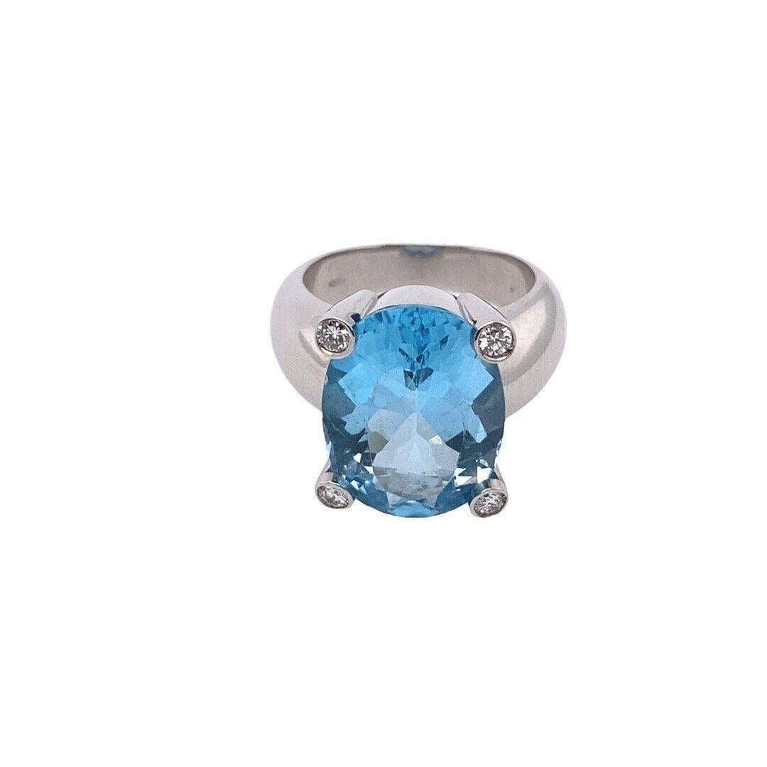 This is a stunning ring made of 18ct White Gold, set with 7.0ct oval facetted Blue Topaz, with a Diamond on each corner, a beautiful piece of jewellery to wear.

Additional Information:
Total Diamond Weight: 0.12ct
Diamond Colour: F
Diamond Clarity: