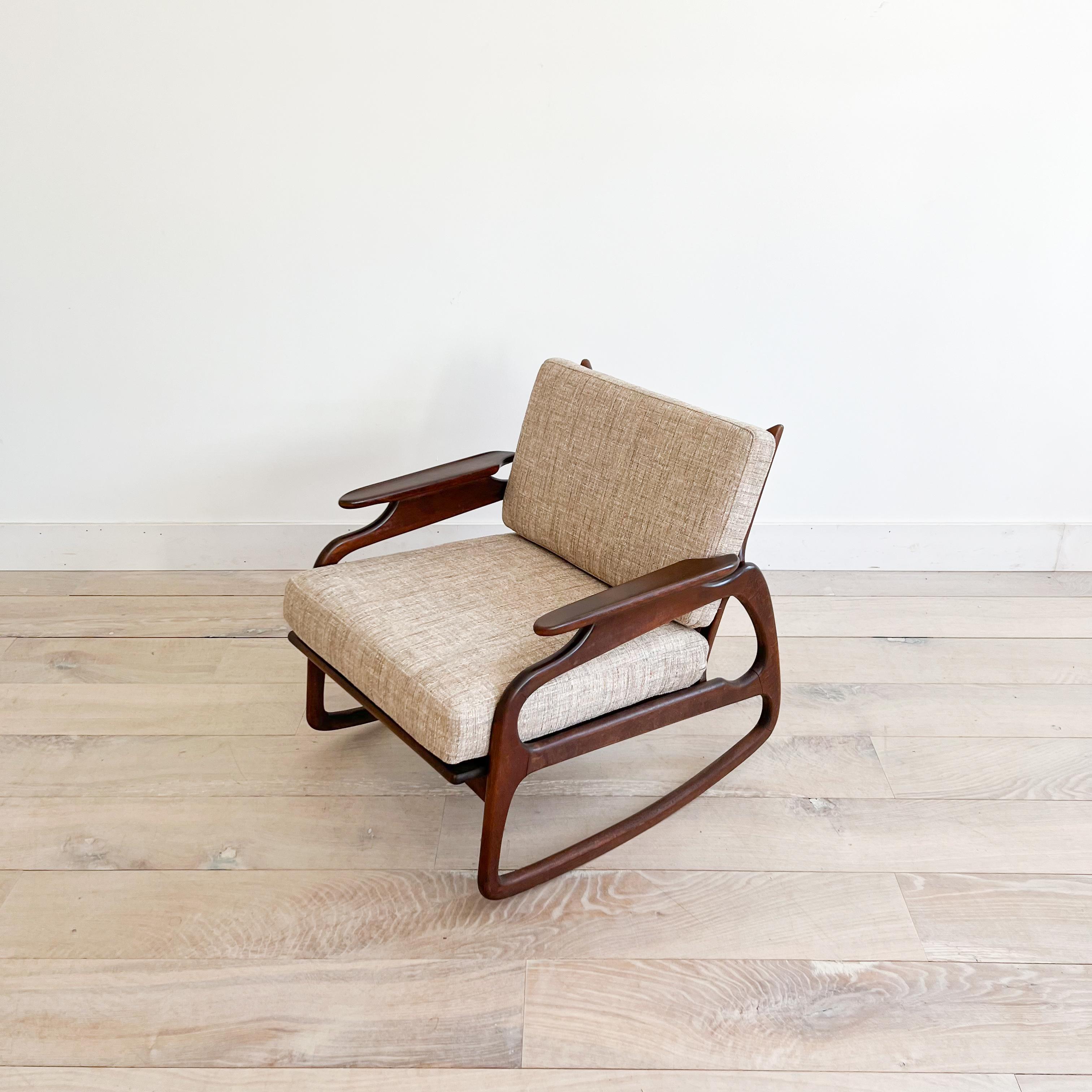 Italian Made Cane Back Rocker by Otto Gerdau - New Light Beige Tweed Upholstery In Good Condition In Asheville, NC