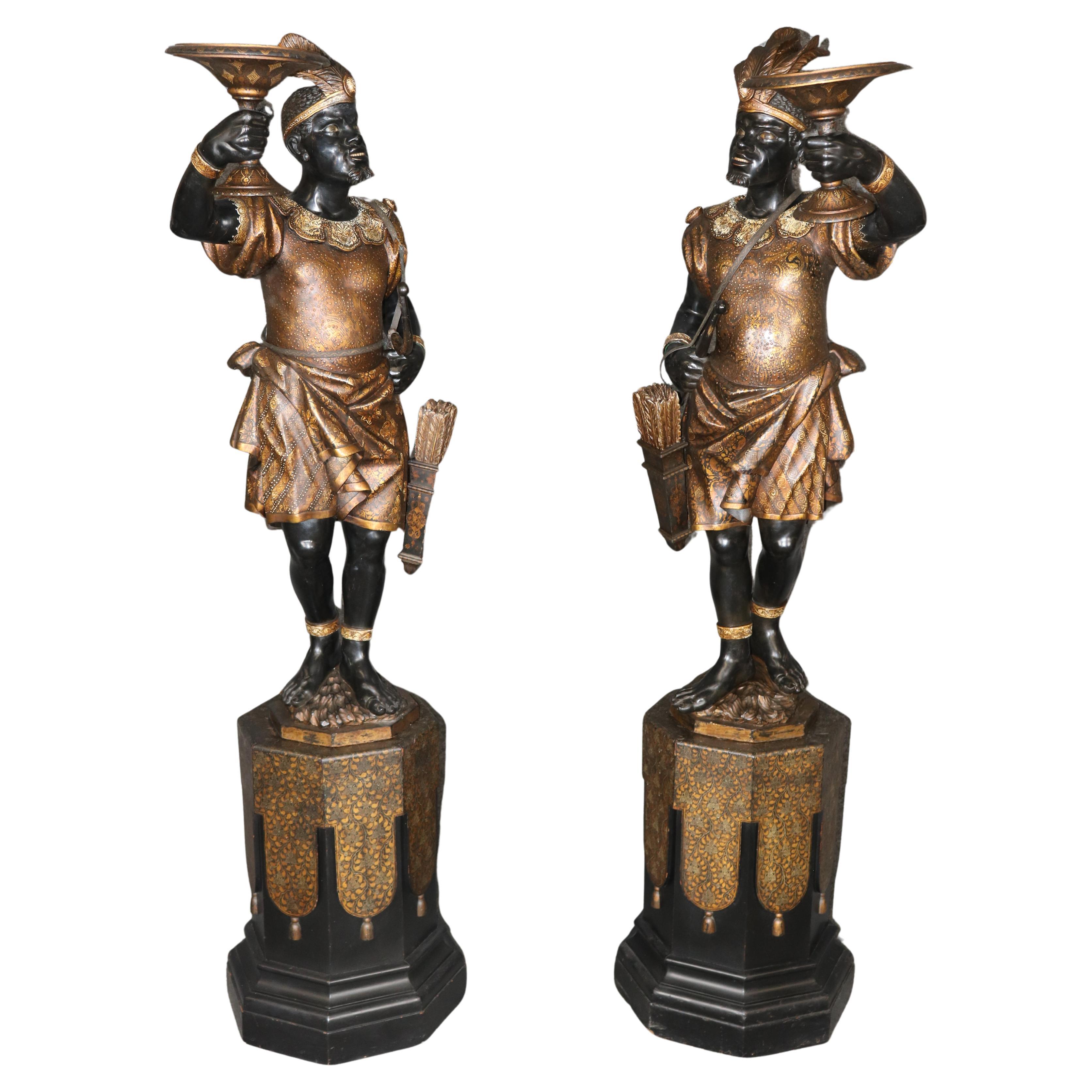 Italian-Made Continental Exotic Carved Wood Polychromed Figures on Pedestals
