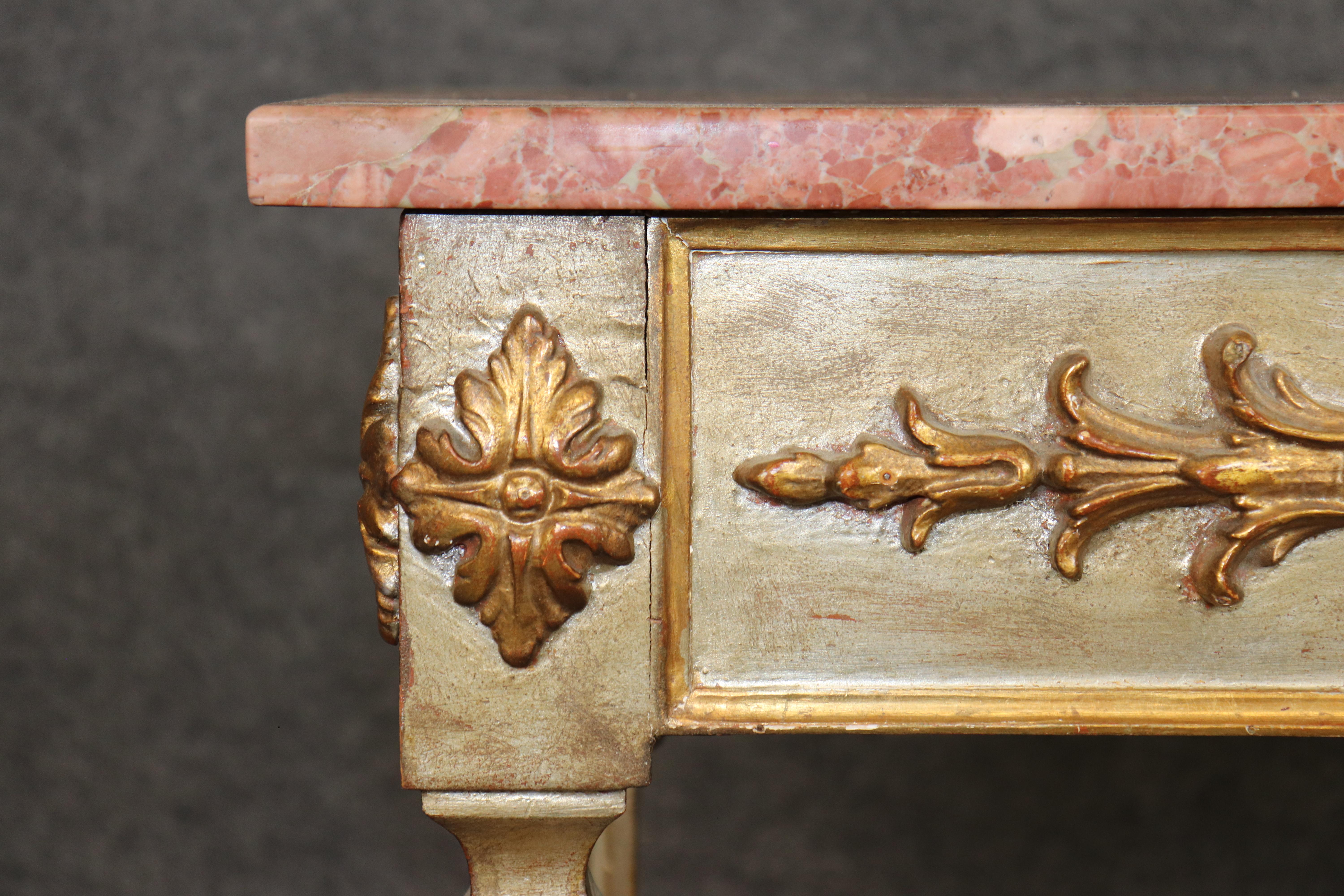 Italian-Made French Louis XVI Style Silver and Gold Leaf Marble Console Table For Sale 5
