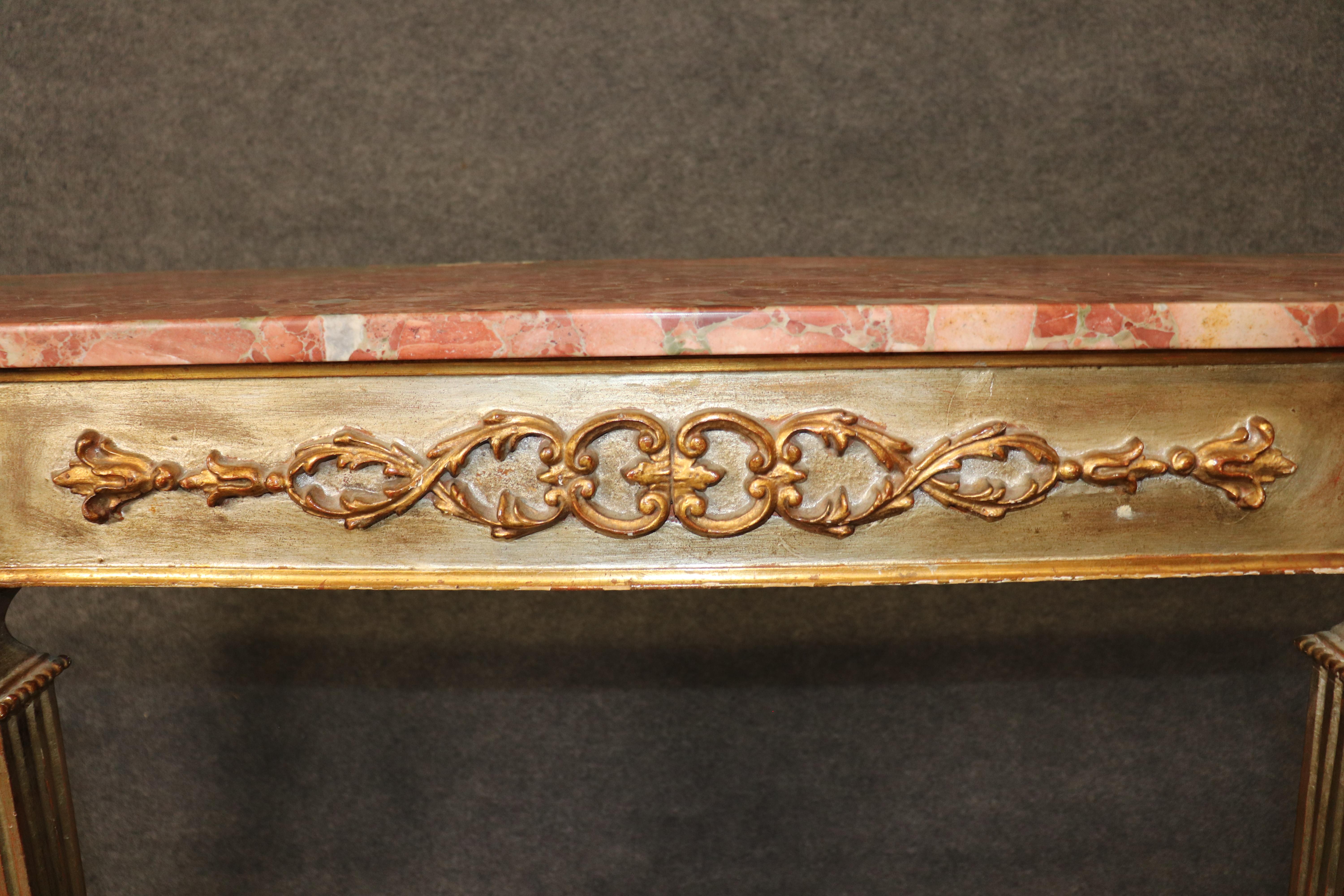 Italian-Made French Louis XVI Style Silver and Gold Leaf Marble Console Table For Sale 8