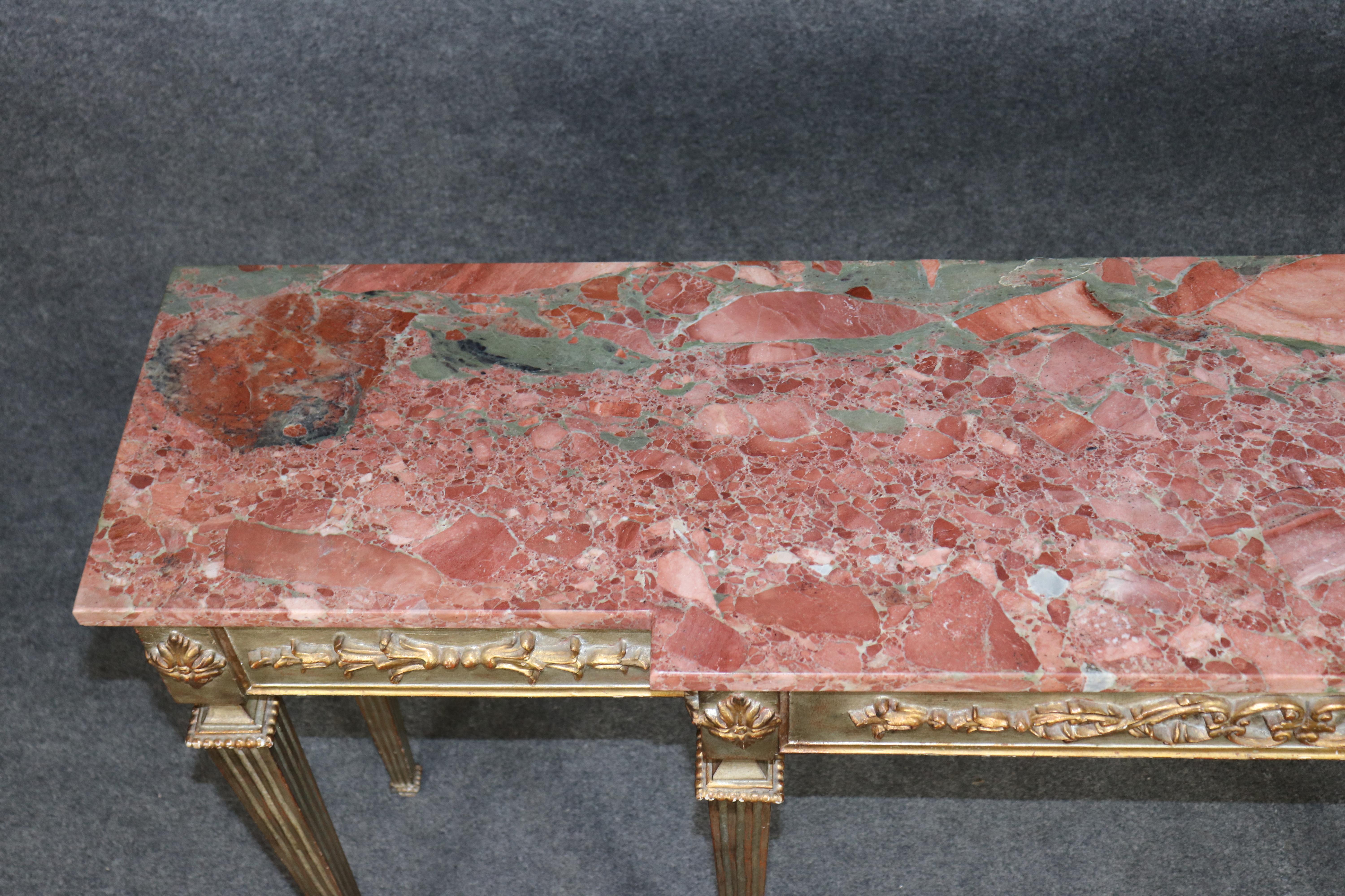 Italian-Made French Louis XVI Style Silver and Gold Leaf Marble Console Table In Good Condition For Sale In Swedesboro, NJ