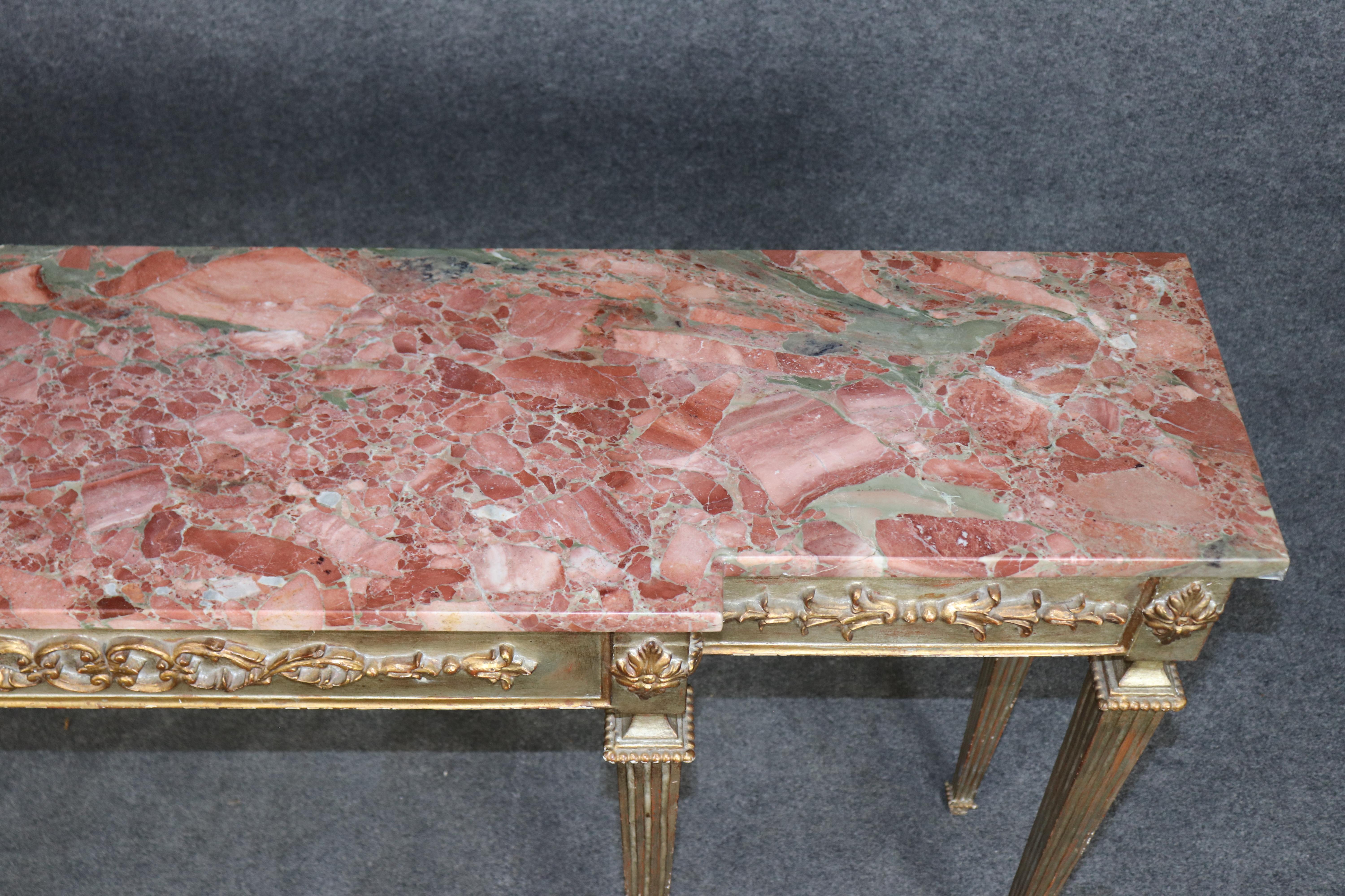 Mid-20th Century Italian-Made French Louis XVI Style Silver and Gold Leaf Marble Console Table For Sale