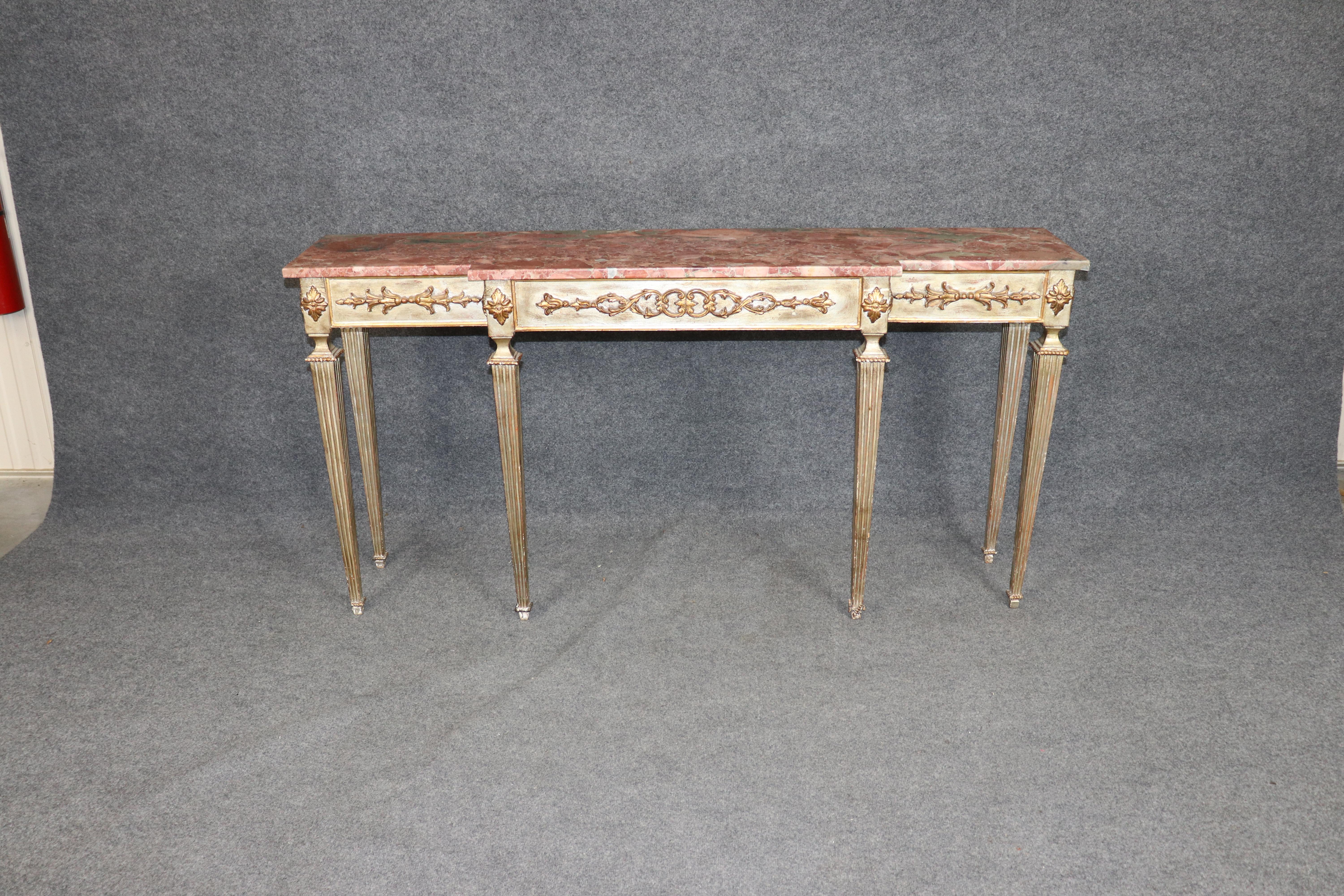 Breccia Marble Italian-Made French Louis XVI Style Silver and Gold Leaf Marble Console Table For Sale