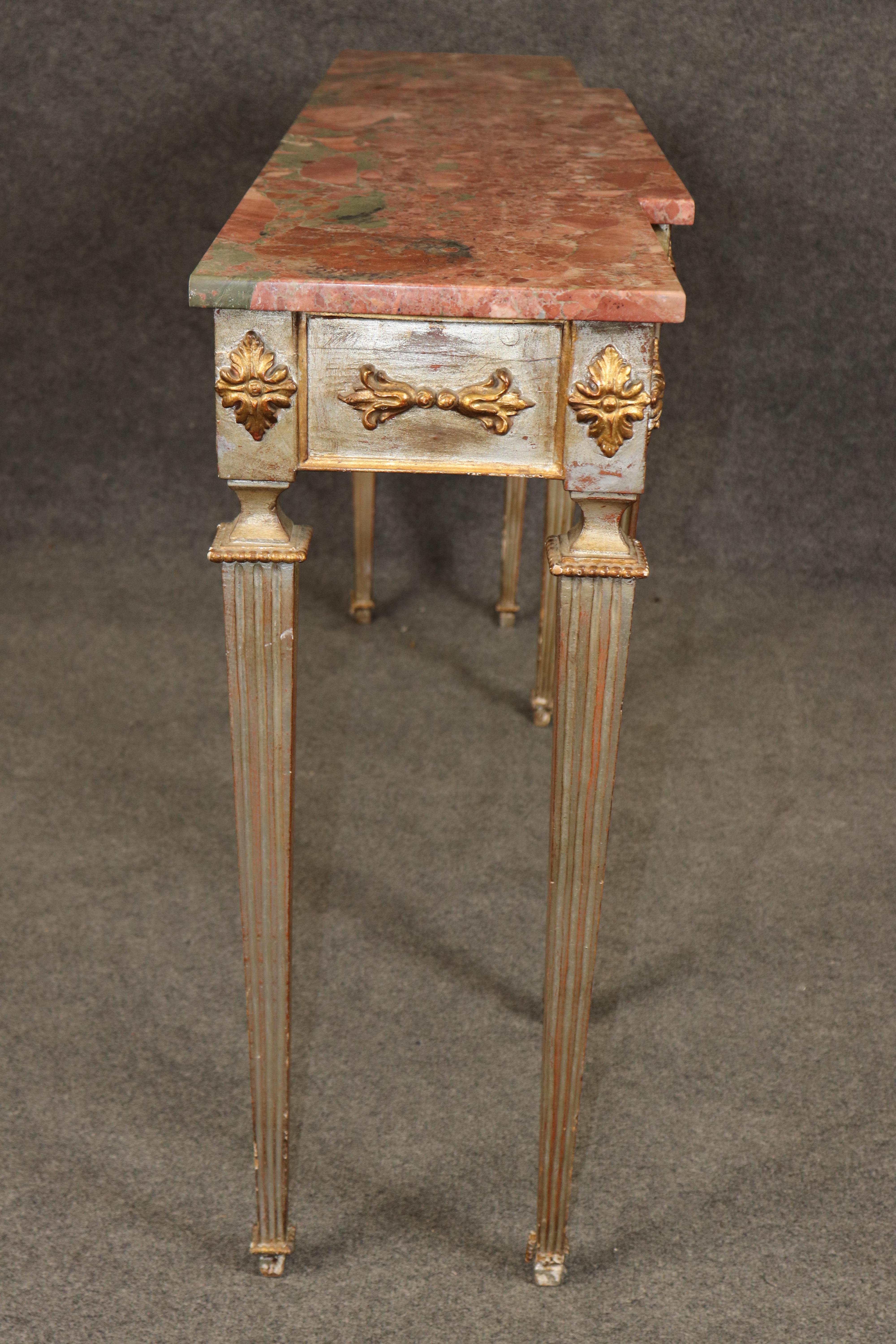 Italian-Made French Louis XVI Style Silver and Gold Leaf Marble Console Table For Sale 1