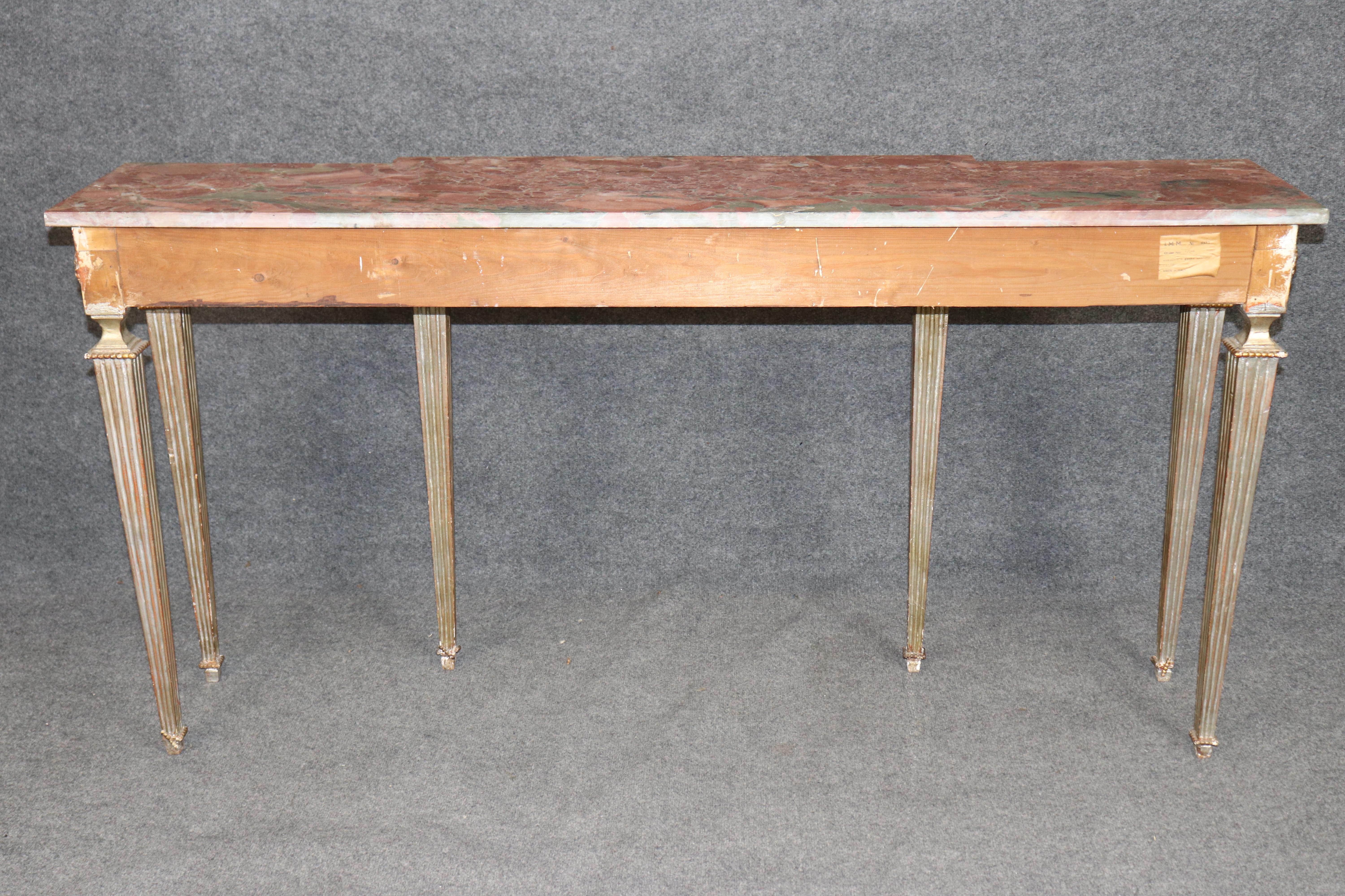 Italian-Made French Louis XVI Style Silver and Gold Leaf Marble Console Table For Sale 2