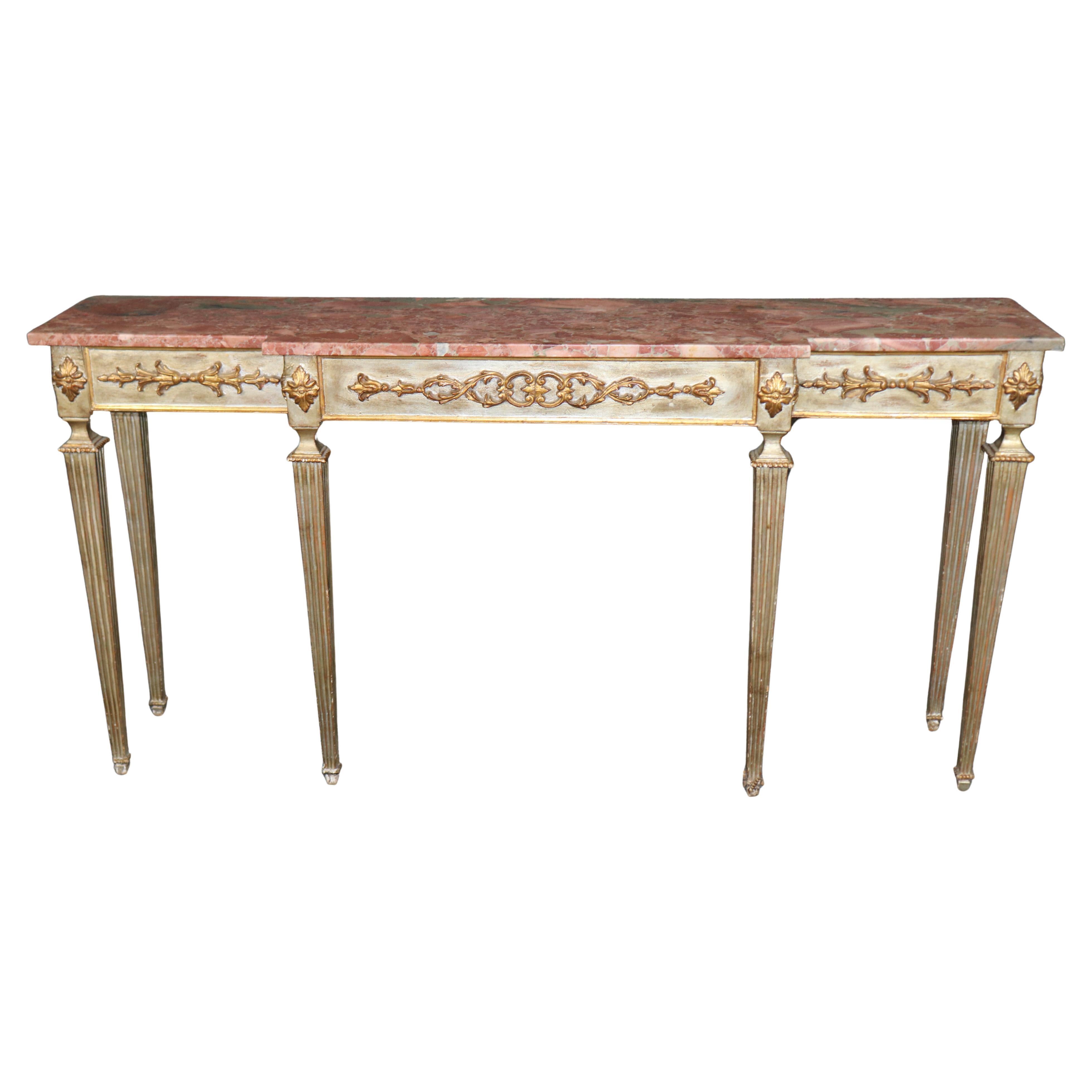 Italian-Made French Louis XVI Style Silver and Gold Leaf Marble Console Table For Sale