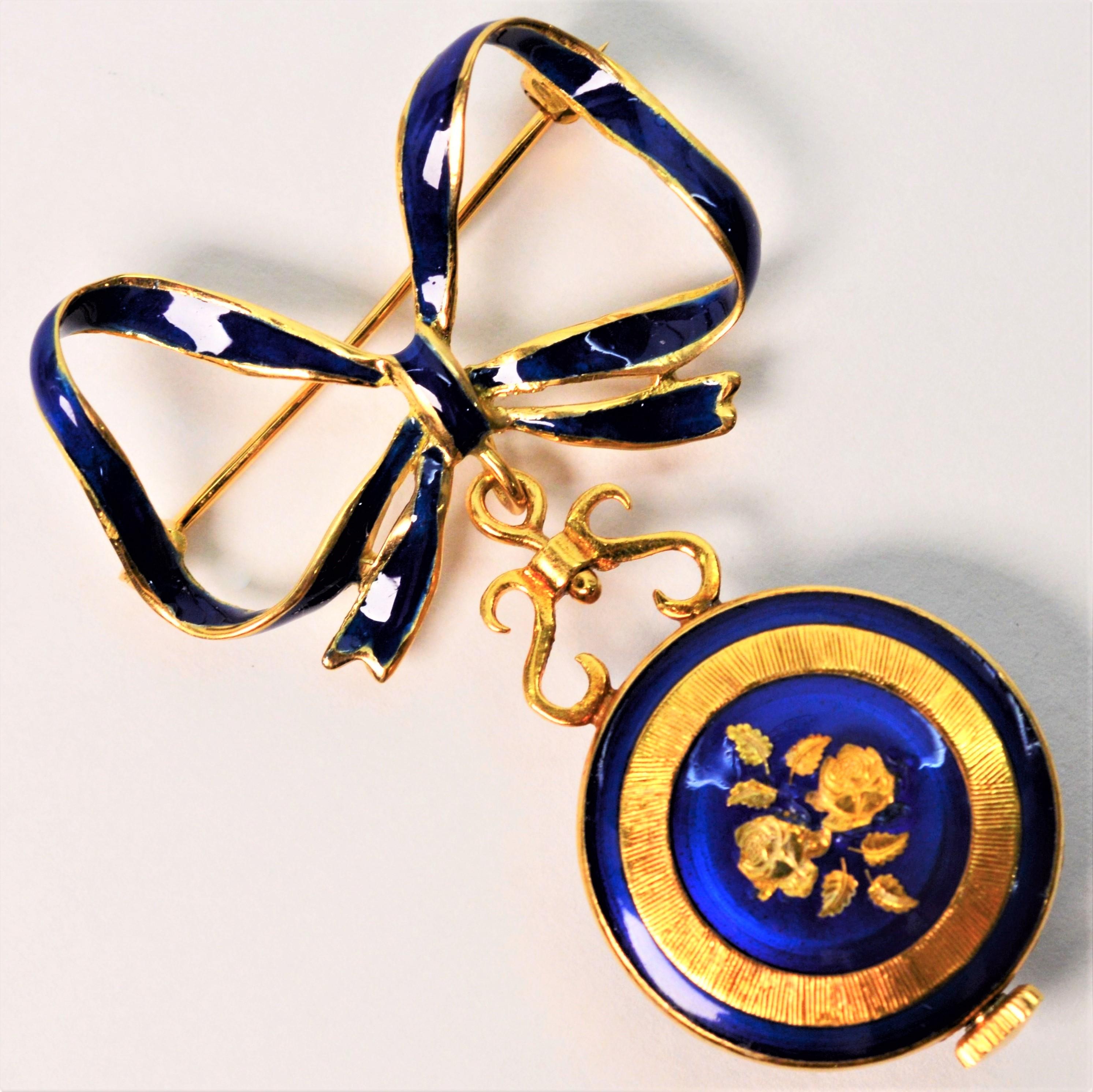 Italian Made Gold Watch Brooch with Blue Enamel Accents For Sale 3