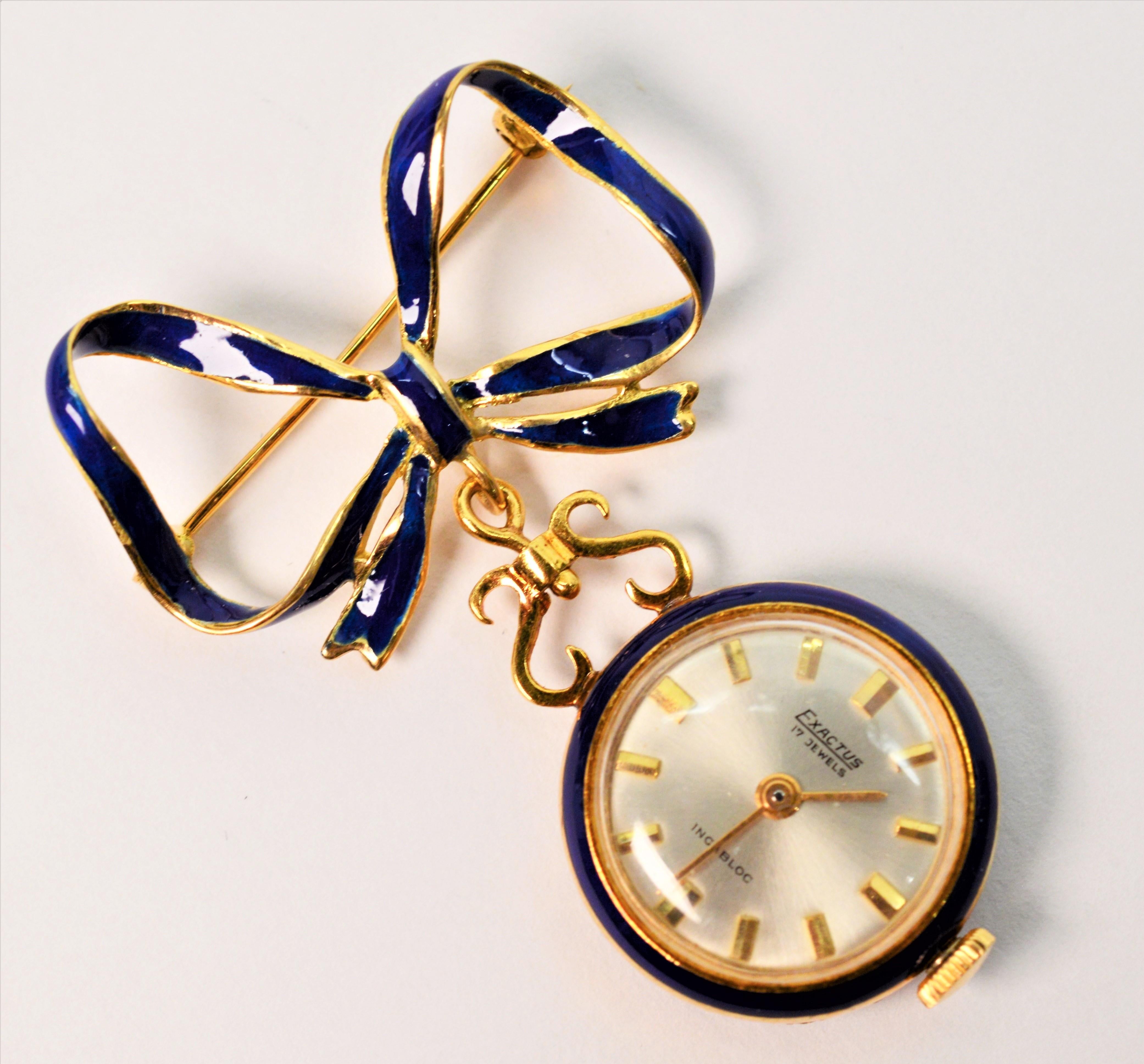 Italian Made Gold Watch Brooch with Blue Enamel Accents In Good Condition For Sale In Mount Kisco, NY