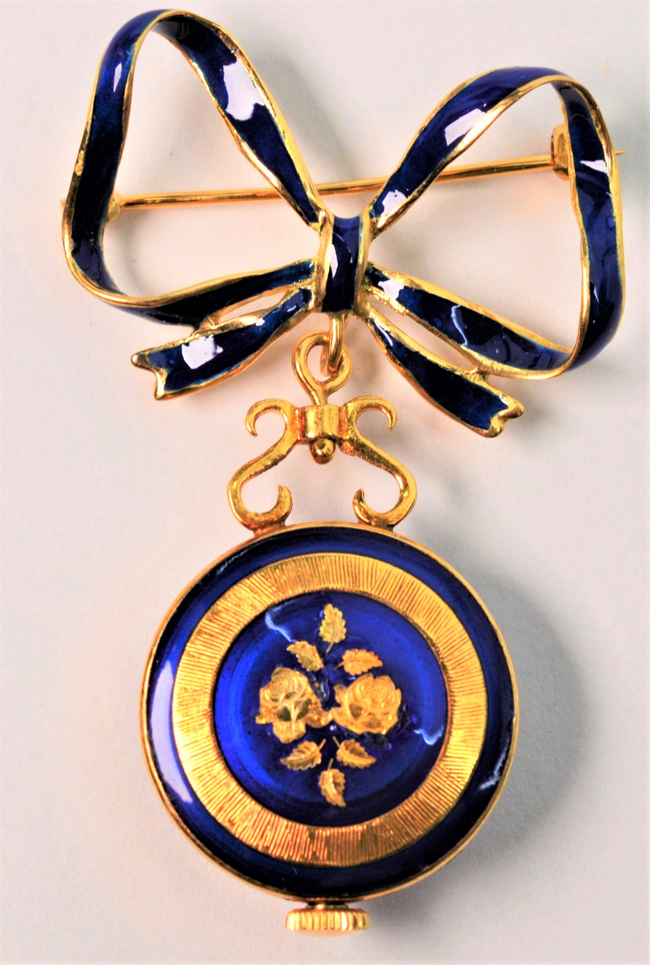 Women's Italian Made Gold Watch Brooch with Blue Enamel Accents For Sale