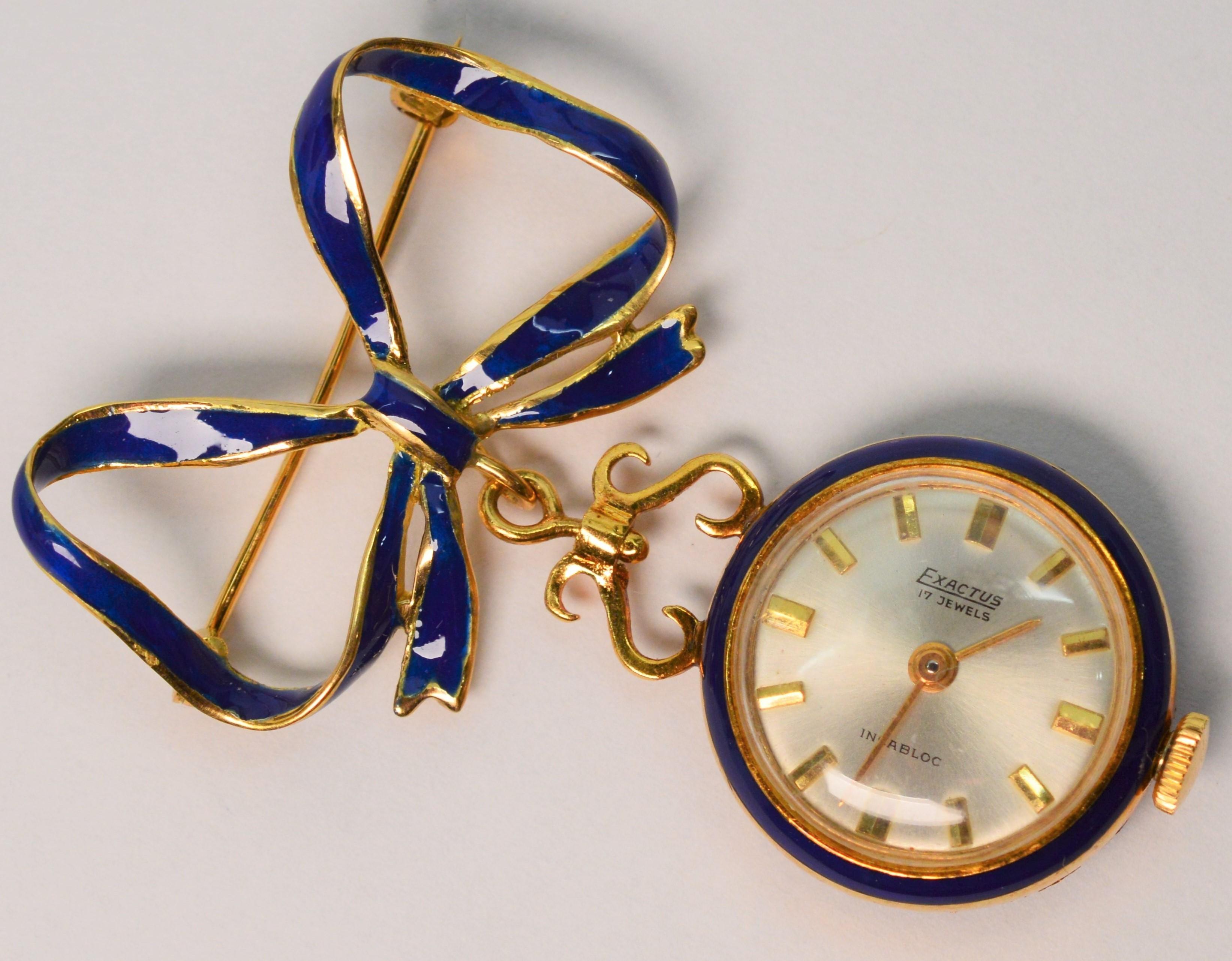 Italian Made Gold Watch Brooch with Blue Enamel Accents For Sale 2