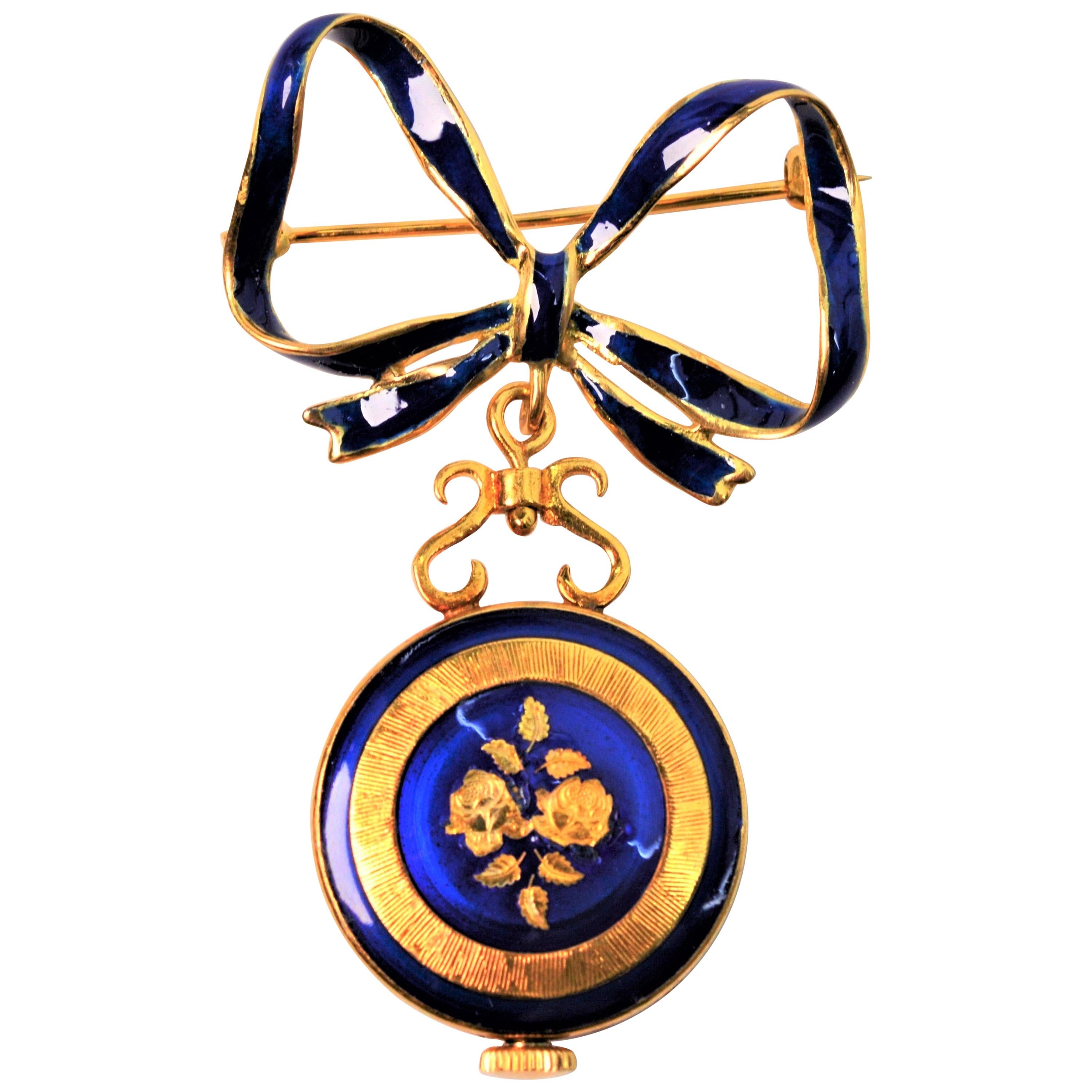 Italian Made Gold Watch Brooch with Blue Enamel Accents