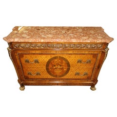 Italian Made Louis XVI Style Ormolu Inlaid Marble Top Dresser Chest Commode
