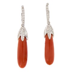 Italian Made Tear Drop Coral Diamond 18 Karat Drop Earrings