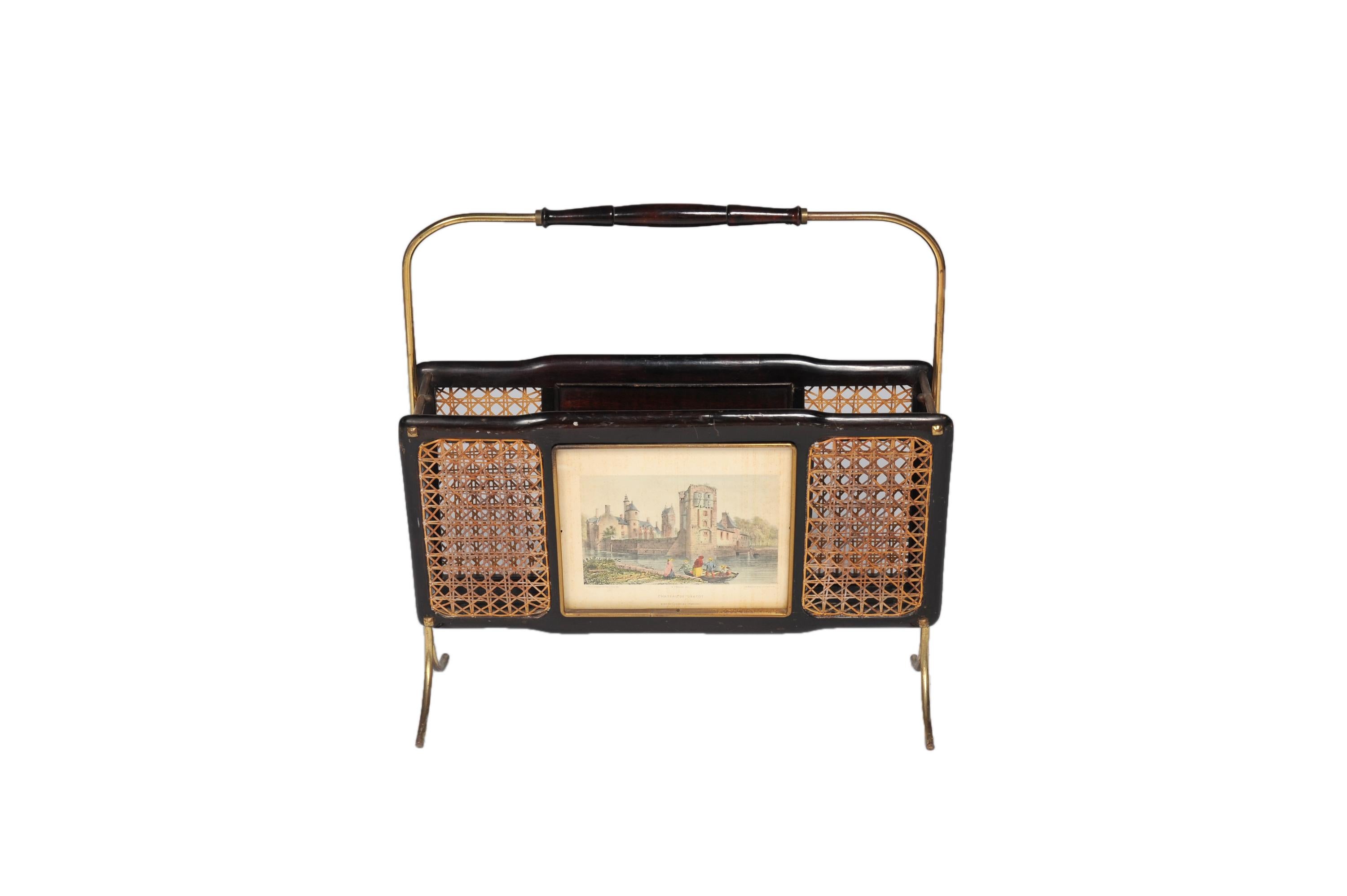 Mid-Century Modern Italian Magazine Rack with Engravings and Wicker on Both Sides