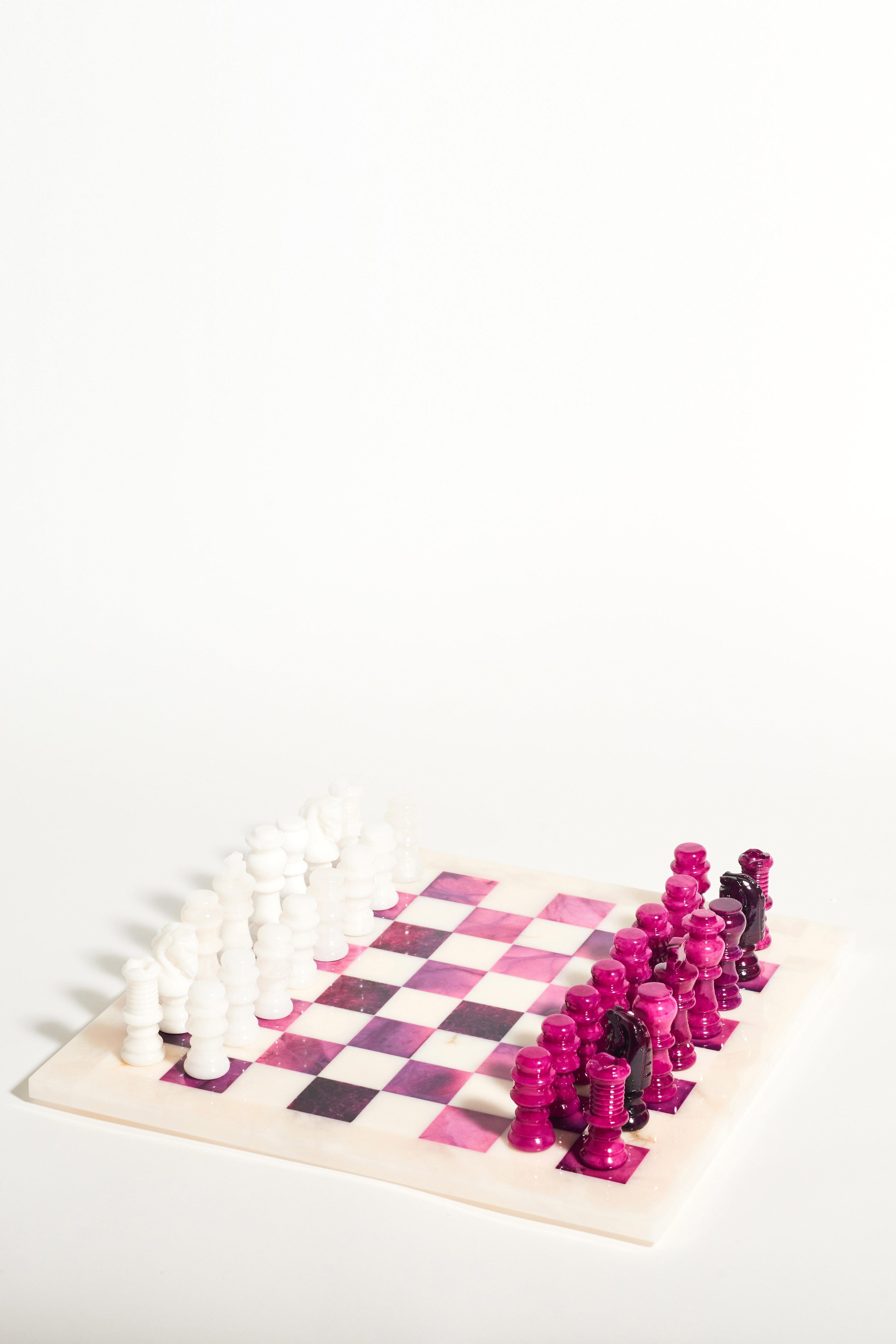 Contemporary Italian Magenta Alabaster Marble Chess Set