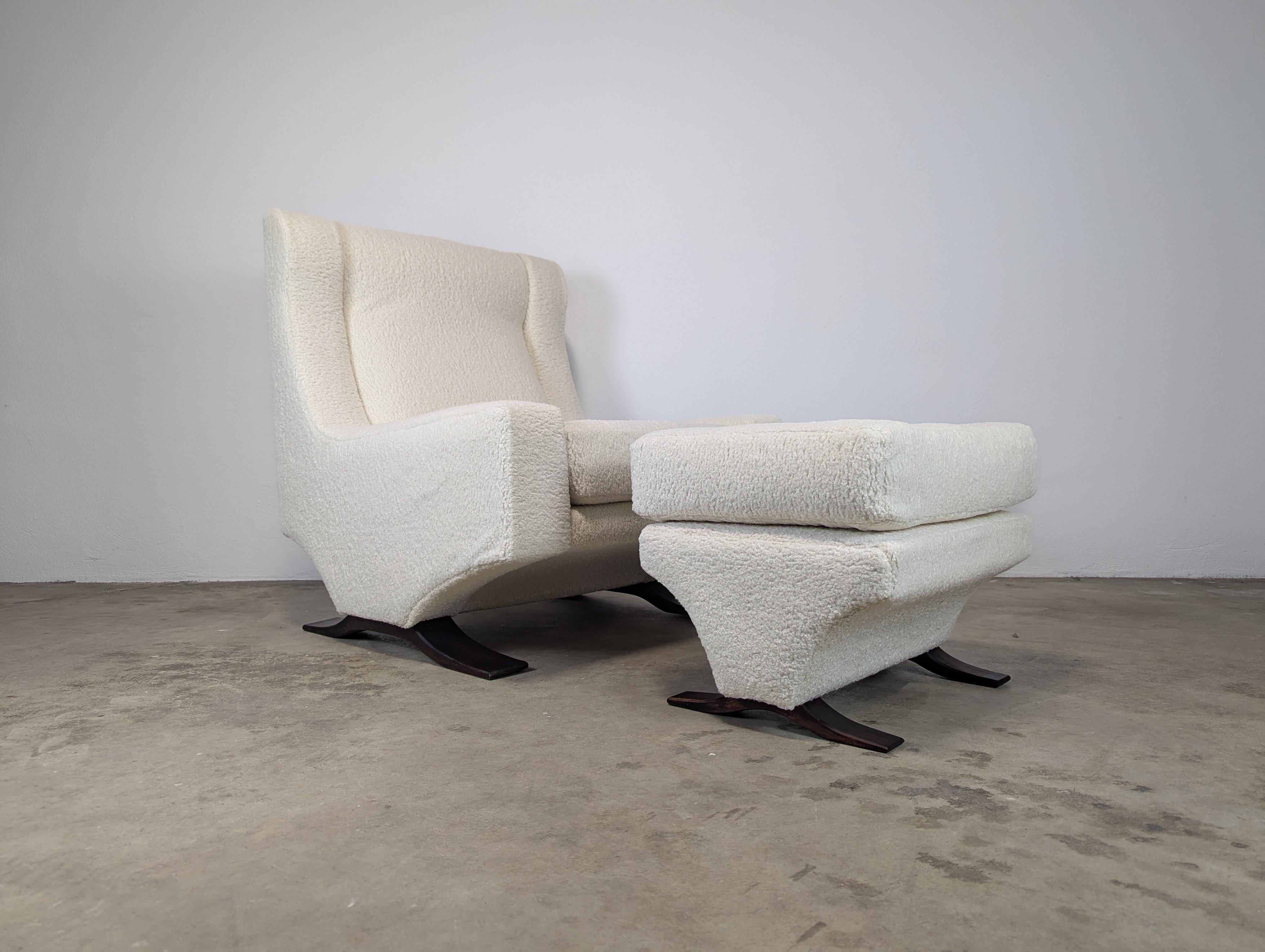 Introducing a stunning Italian Magister Lounge Chair and Ottoman by the renowned designer Franz Sartori for Flexform, crafted in the 1960s. This exquisite set has been professionally refinished, featuring a luxurious bouclé upholstery that enhances