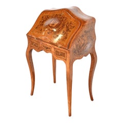 Italian Mahogany and Burl Inlaid Marquetry Petite Slant Front Secretary Desk