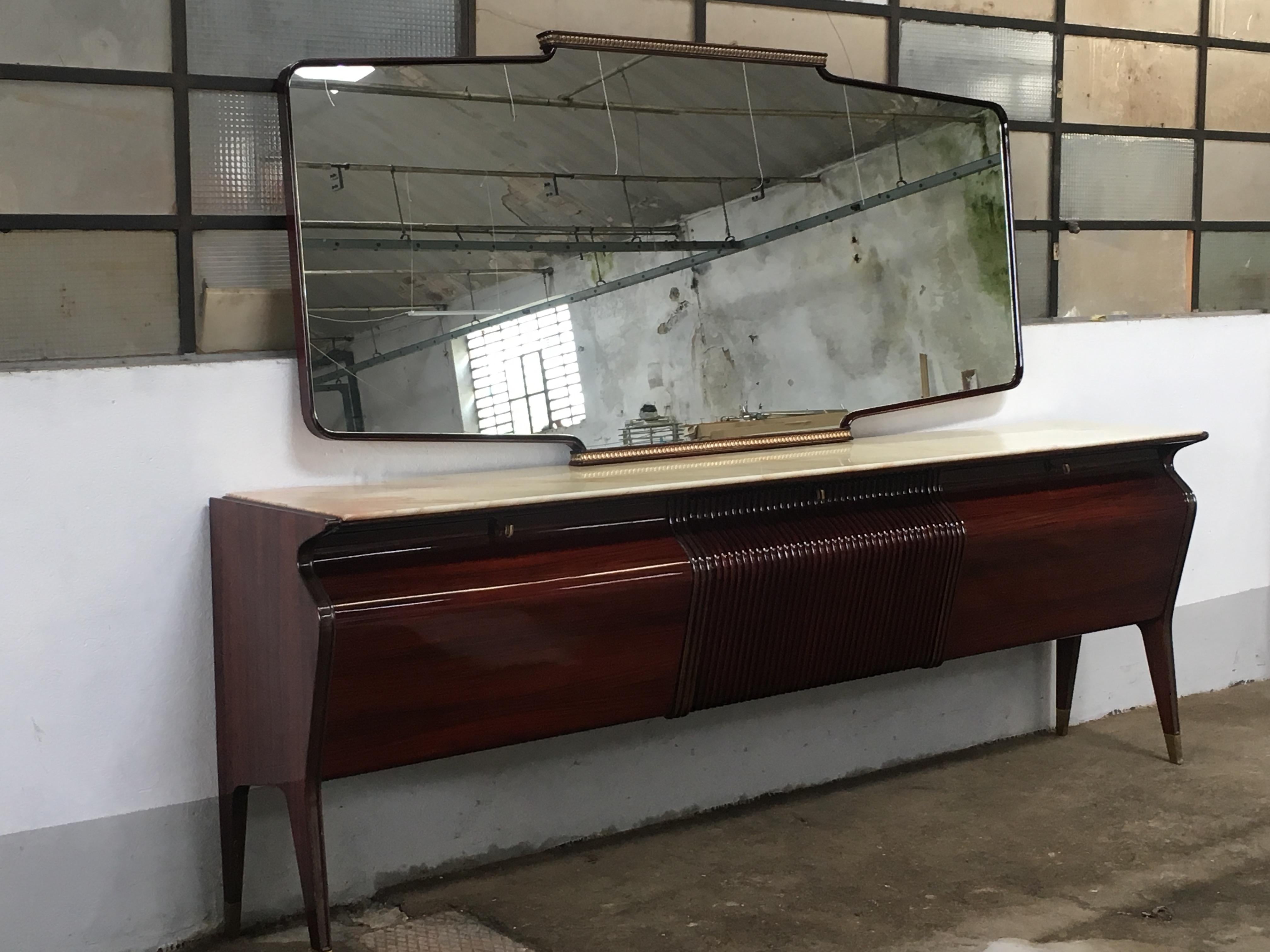 Midcentury Italian mahogany and rosewood sideboard with onyx top and mirror by Osvaldo Borsani for 