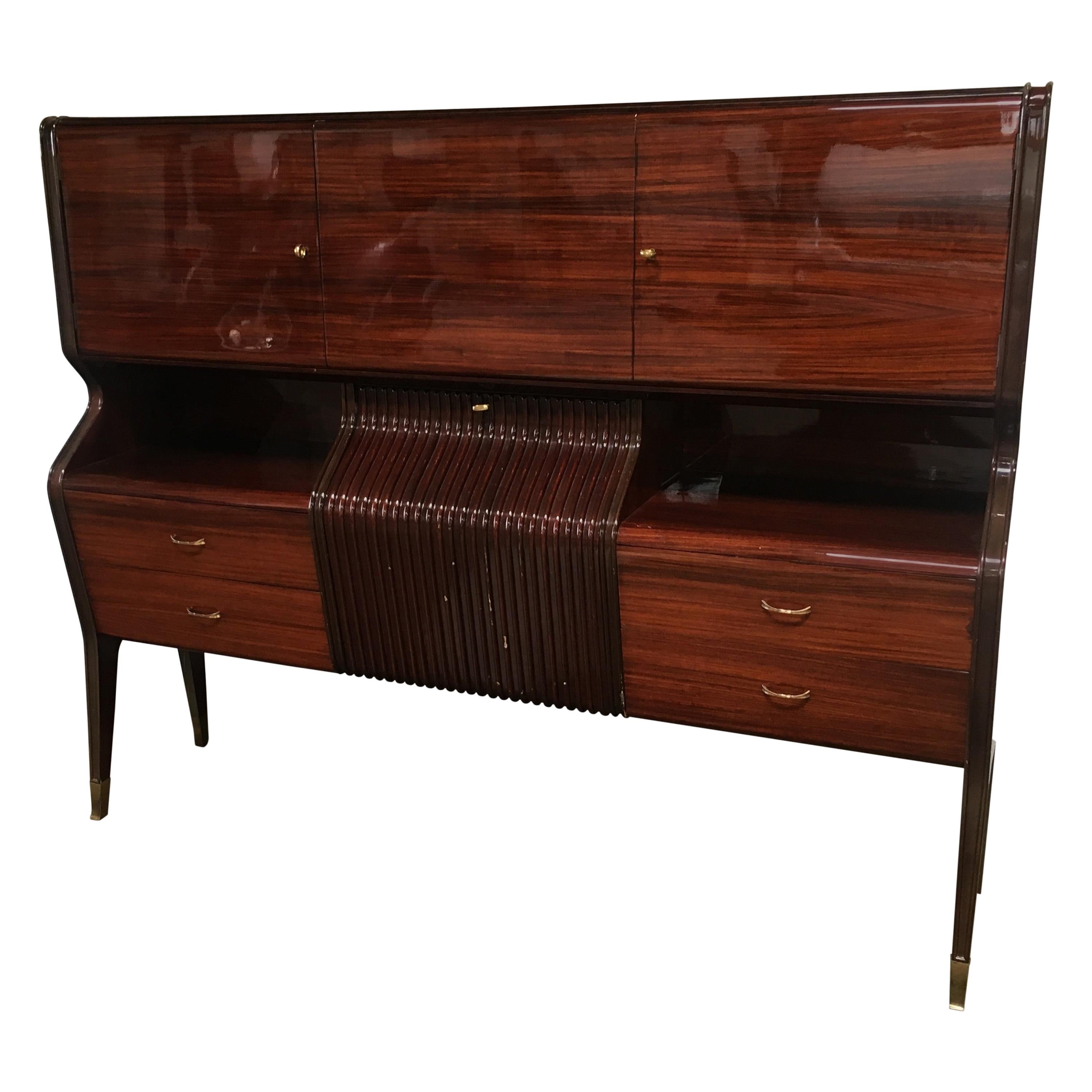 Italian Mahogany and Rosewood Borsani Cupboard Bar with Mirrored Interiors